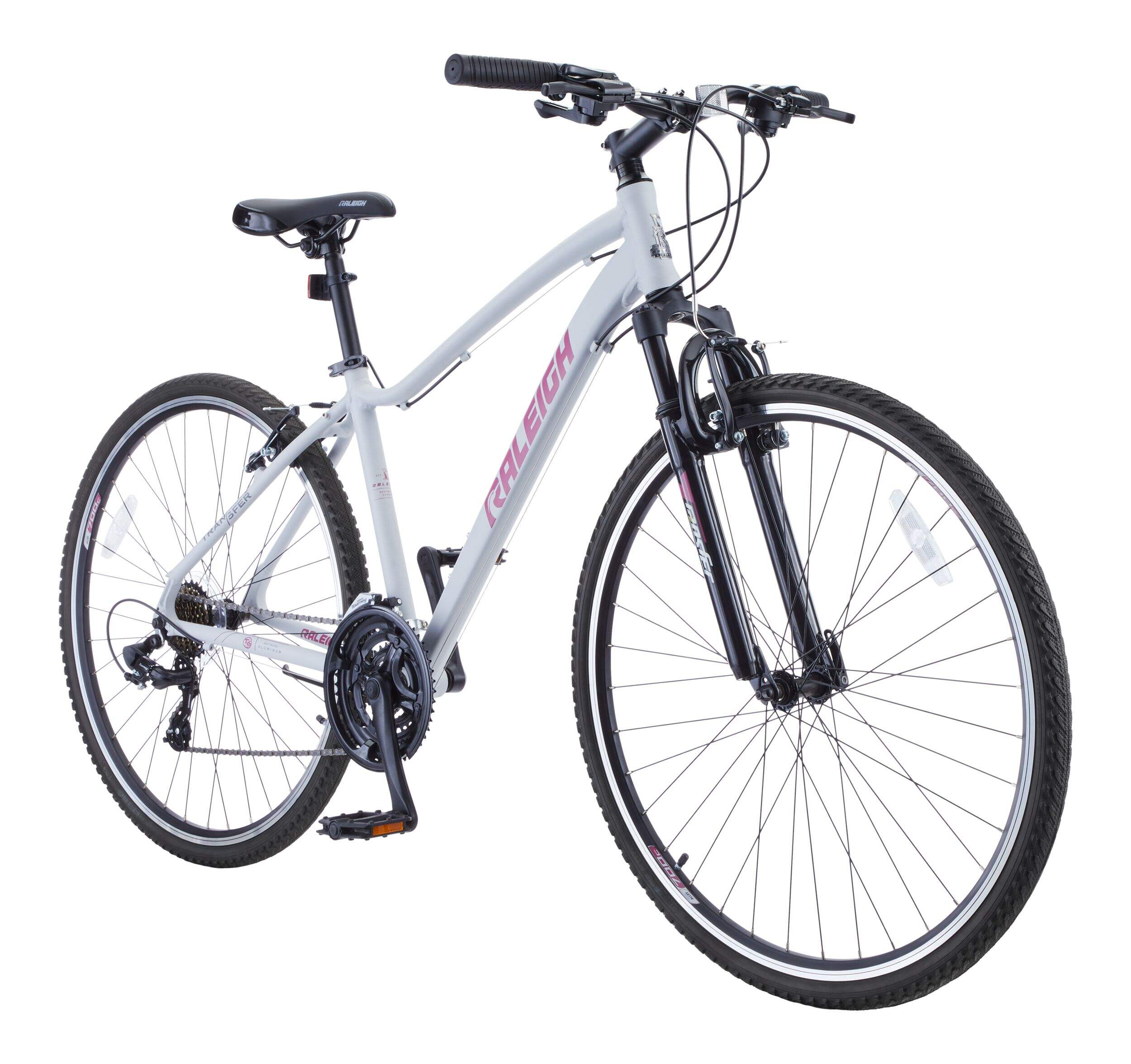 Vélo hybride avec freins en V en alliage Raleigh Route, 700C, 21 vitesses, blanc Front_Three_Fourths_Angled_Right