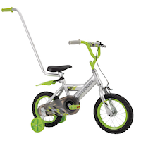 Supercycle Uproar Kids' Bike w/ Parent Handle, 12-in Wheel, Silver/Green Front_Three_Fourths_Angled_Right