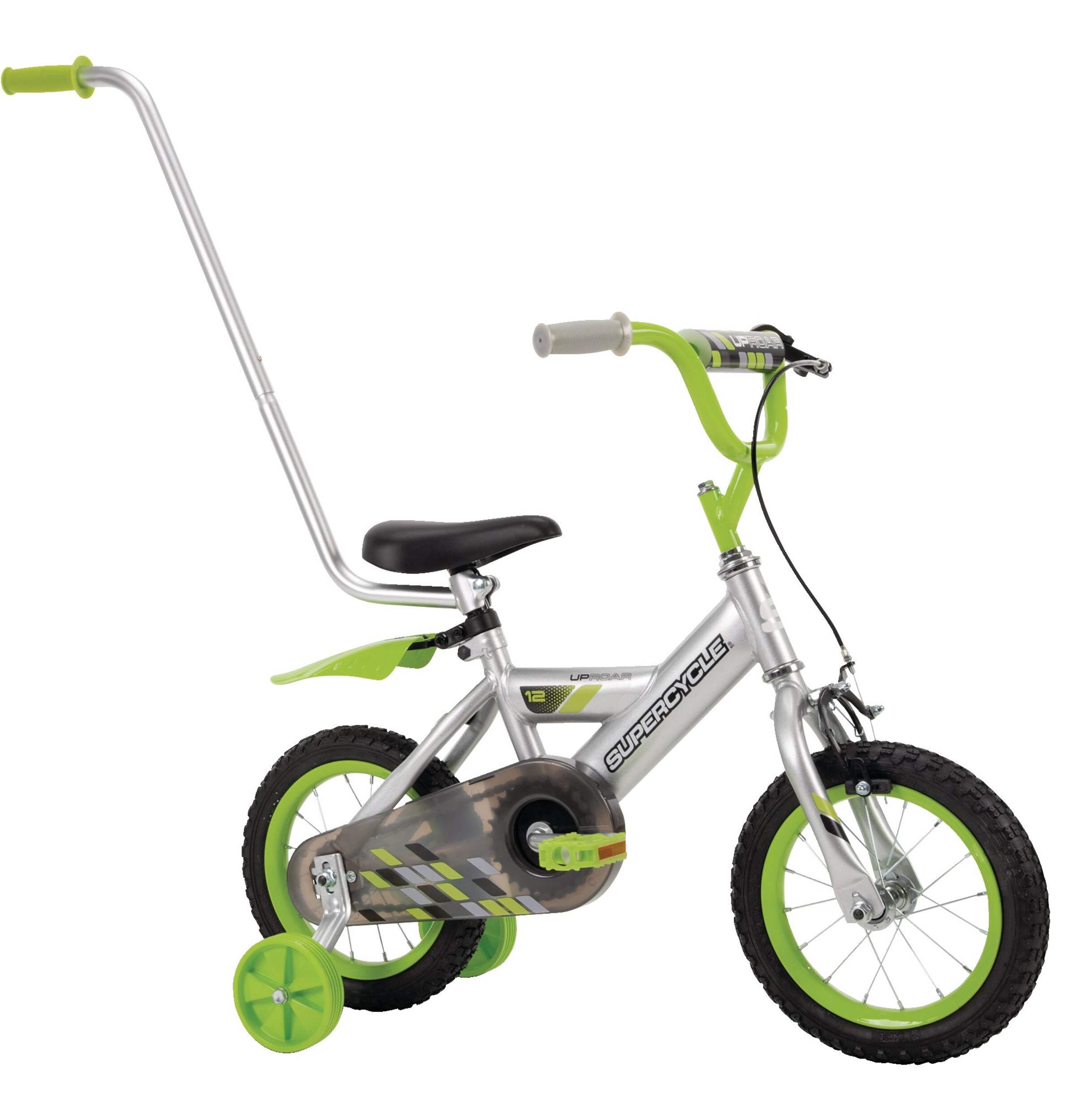 Supercycle Uproar Kids' Bike w/ Parent Handle, 12-in Wheel, Silver/Green Front_Three_Fourths_Angled_Right