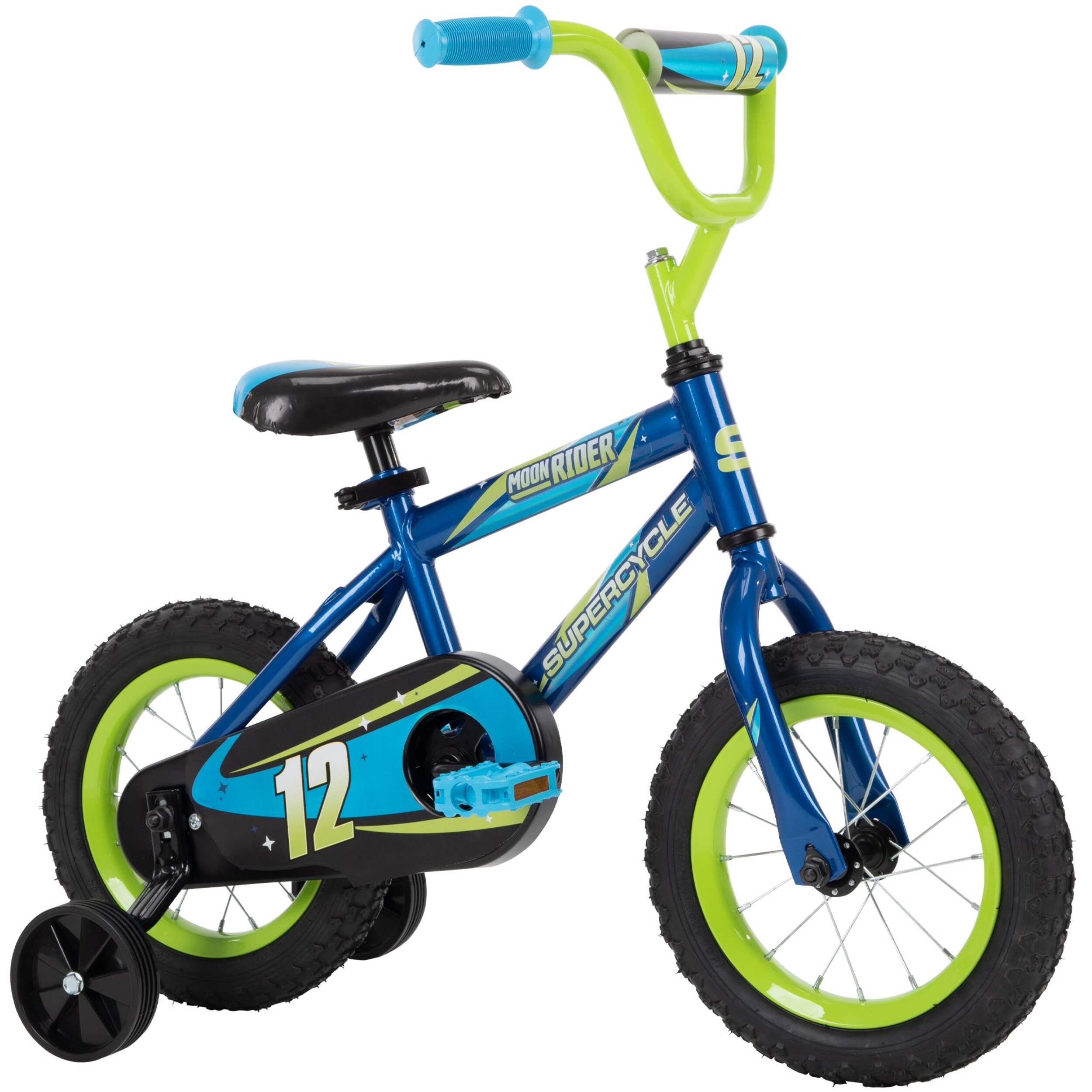 Vélo Supercycle Moon Rider, enfants, roue de 12 po, bleu/vert Front_Three_Fourths_Angled_Right