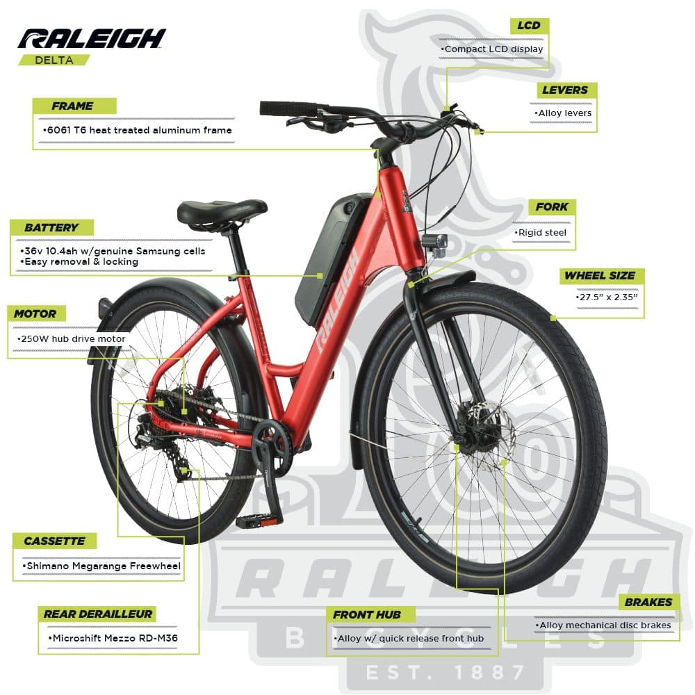 Raleigh Delta E Adult Bike 250 W Motor Aluminum Frame 27.5 in