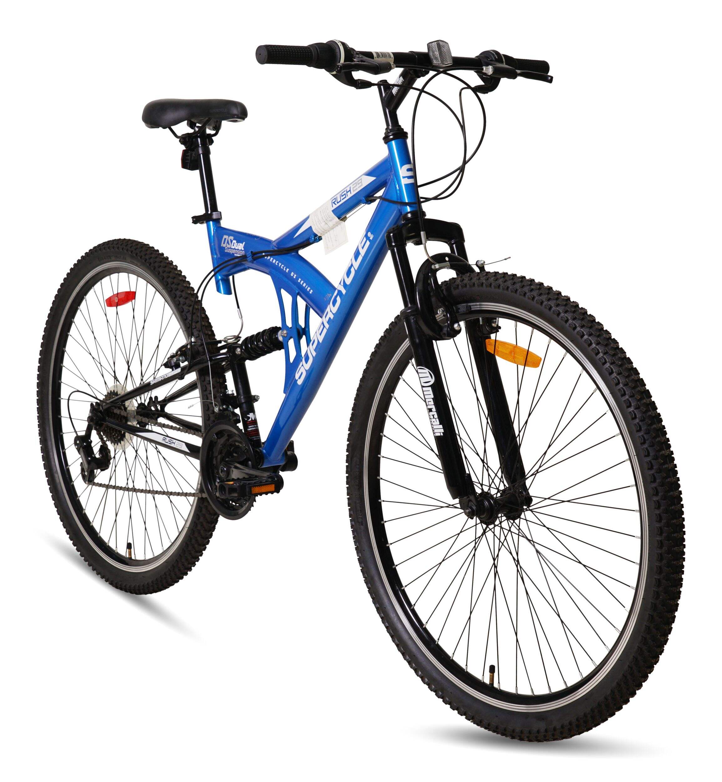 Supercycle Rush Adult Bike, 21-Speed, 29-in, High-Tensile Steel Frame, Blue Front_Three_Fourths_Angled_Right