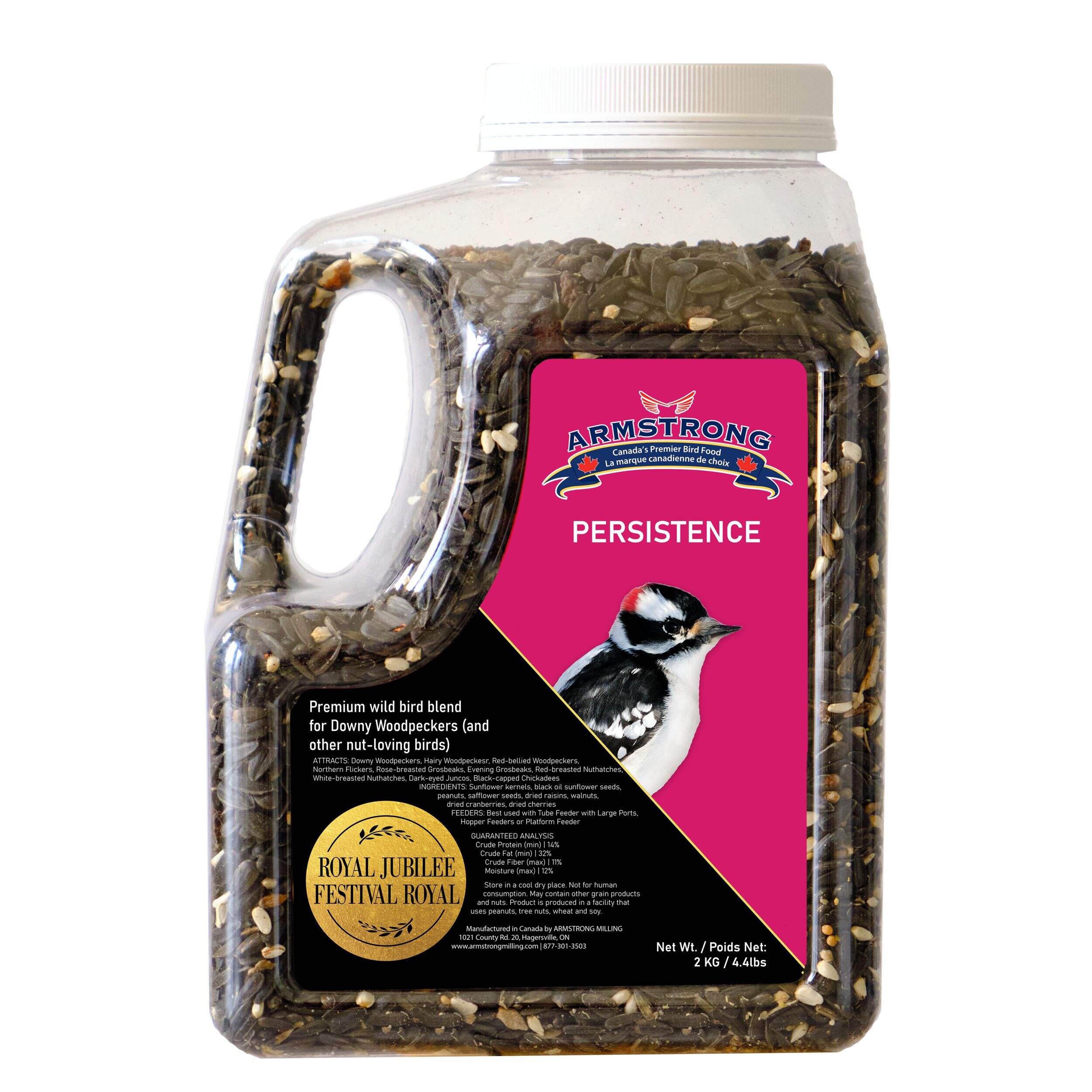 Armstrong Royal Jubilee Persistence Premium Wild Bird Food Blend Jug for Downy Woodpeckers, 2-kg Front_Flat