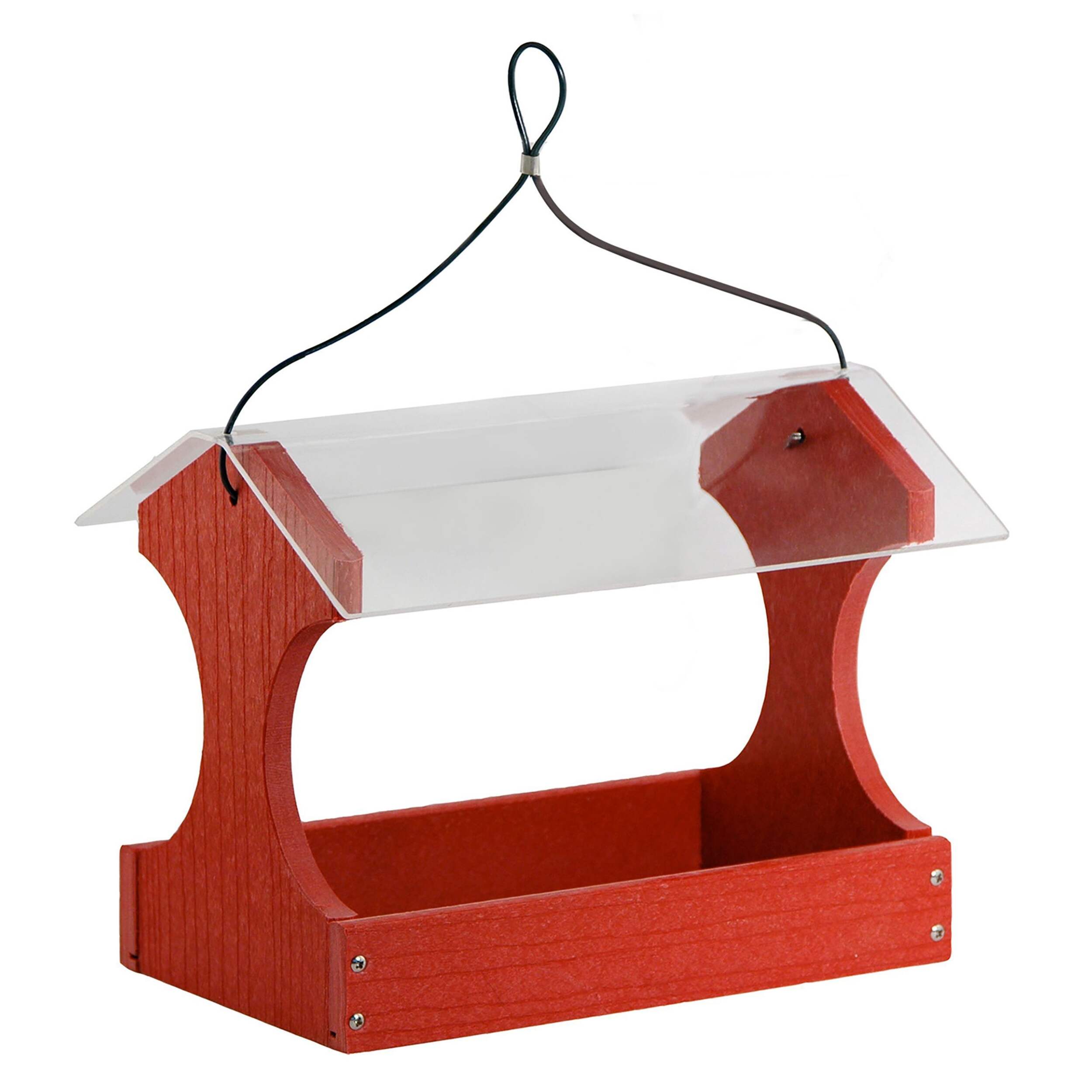 Recycled Plastic Red Hanging Fly-Thru Bird Feeder Front_Angled_Right