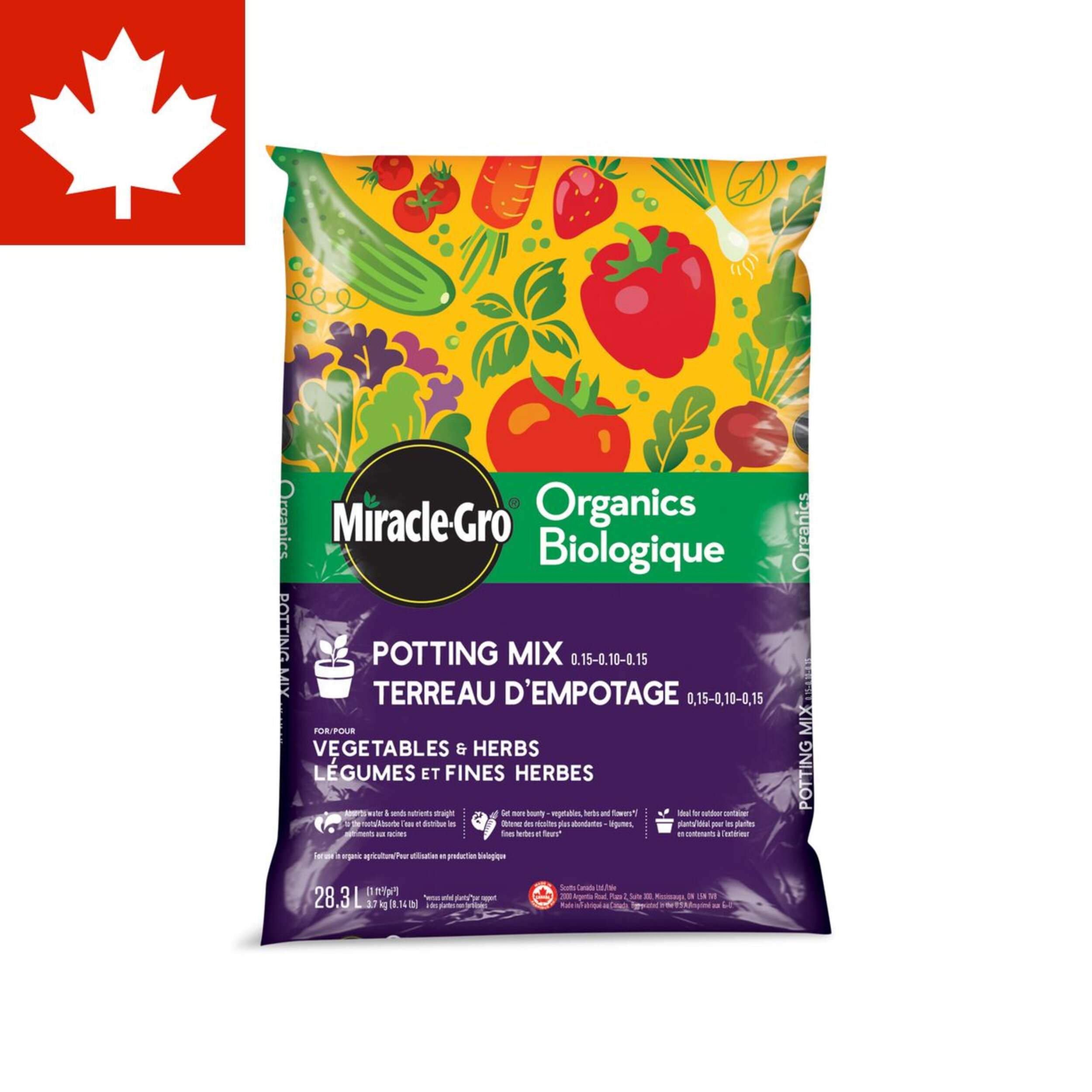 Miracle-Gro® Organics Potting Soil Mix  For Vegetables & Herbs, 28.3-L Front_Flat