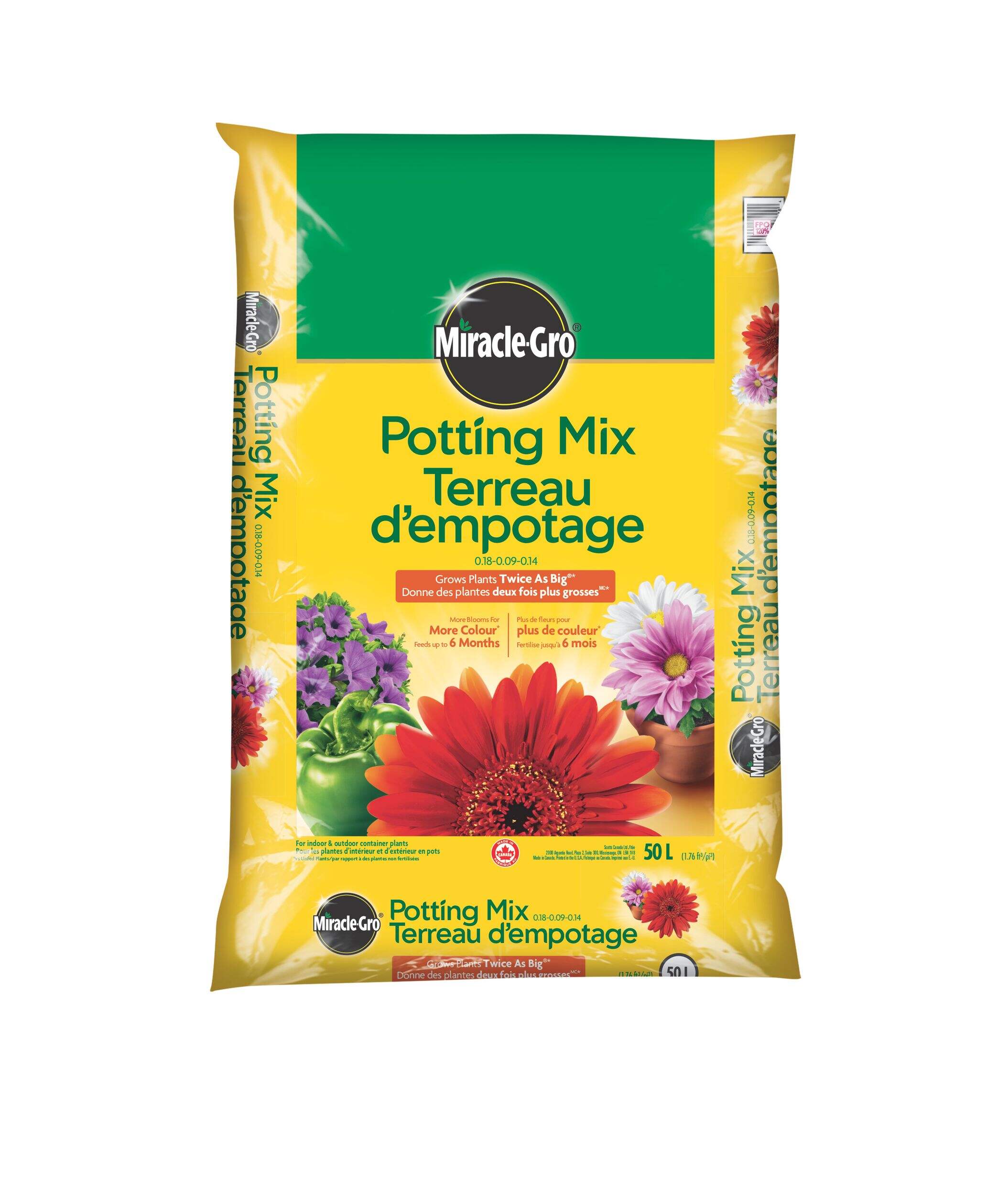 Miracle-Gro® Indoor Outdoor Potting Soil Mix, 0.18-0.09-0.14, 50-L Front_Flat