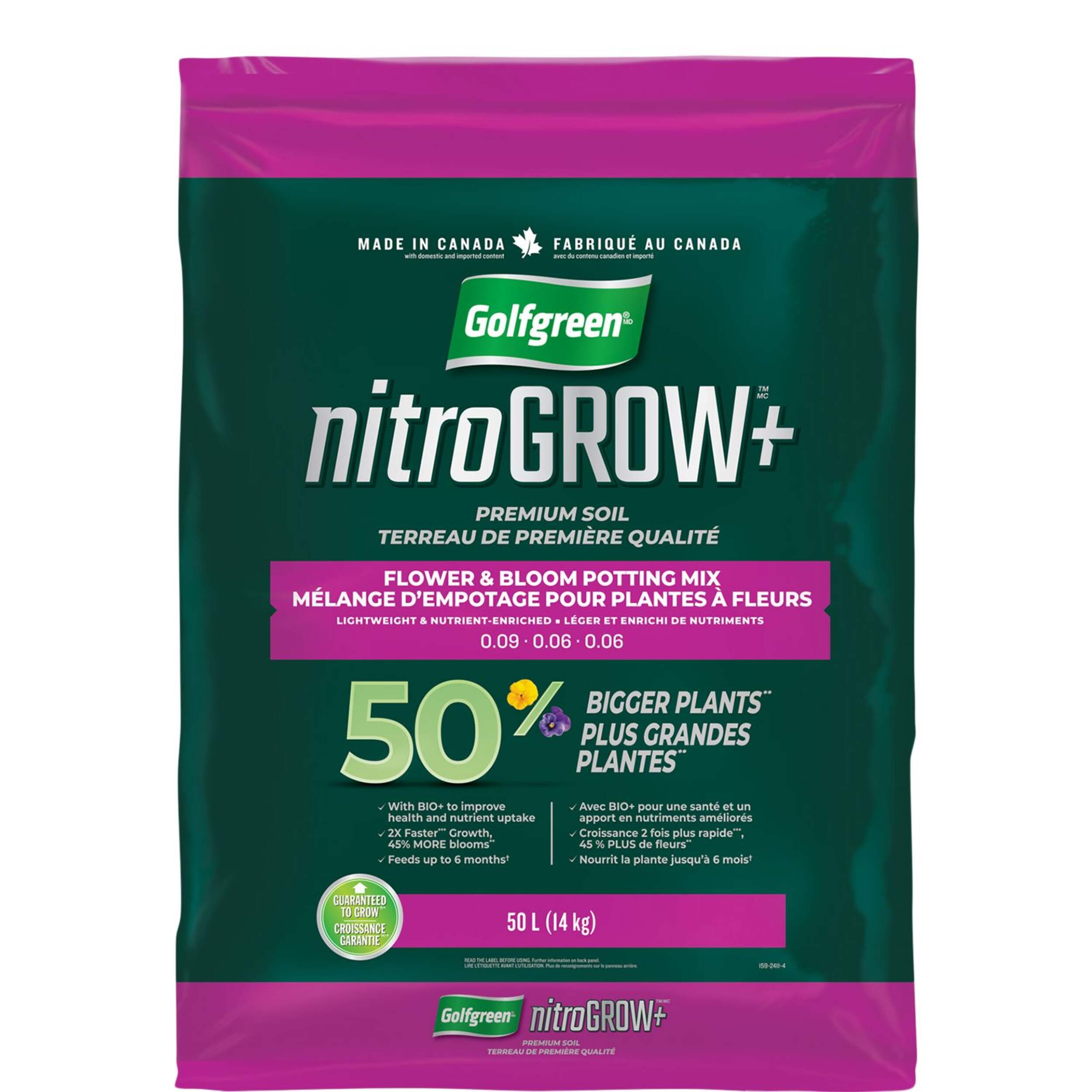 Golfgreen Nitrogrow+ Premium Nutrient Enriched Flower and Bloom Potting Mix, 50-L Front_Flat