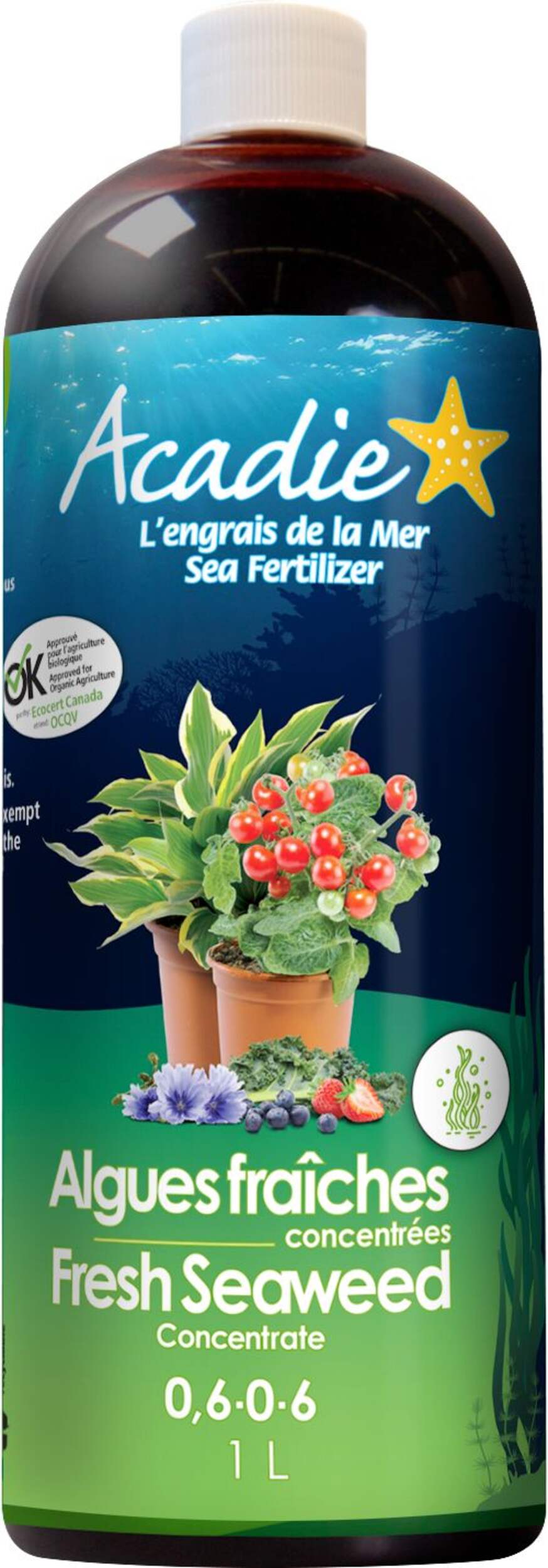 Acadie Fresh Seaweed Fertilizer Concentrate, 0.6-0-6, 1L Front_Flat