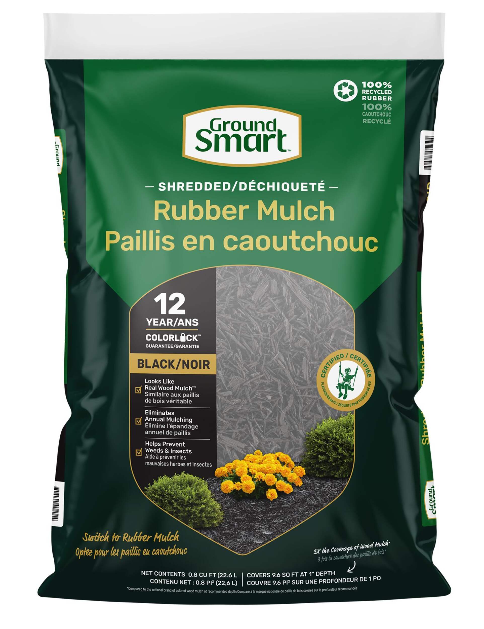 Premium Recycled Shredded Rubber Mulch, Recycled Rubber, Black, 22.6L Front_Flat