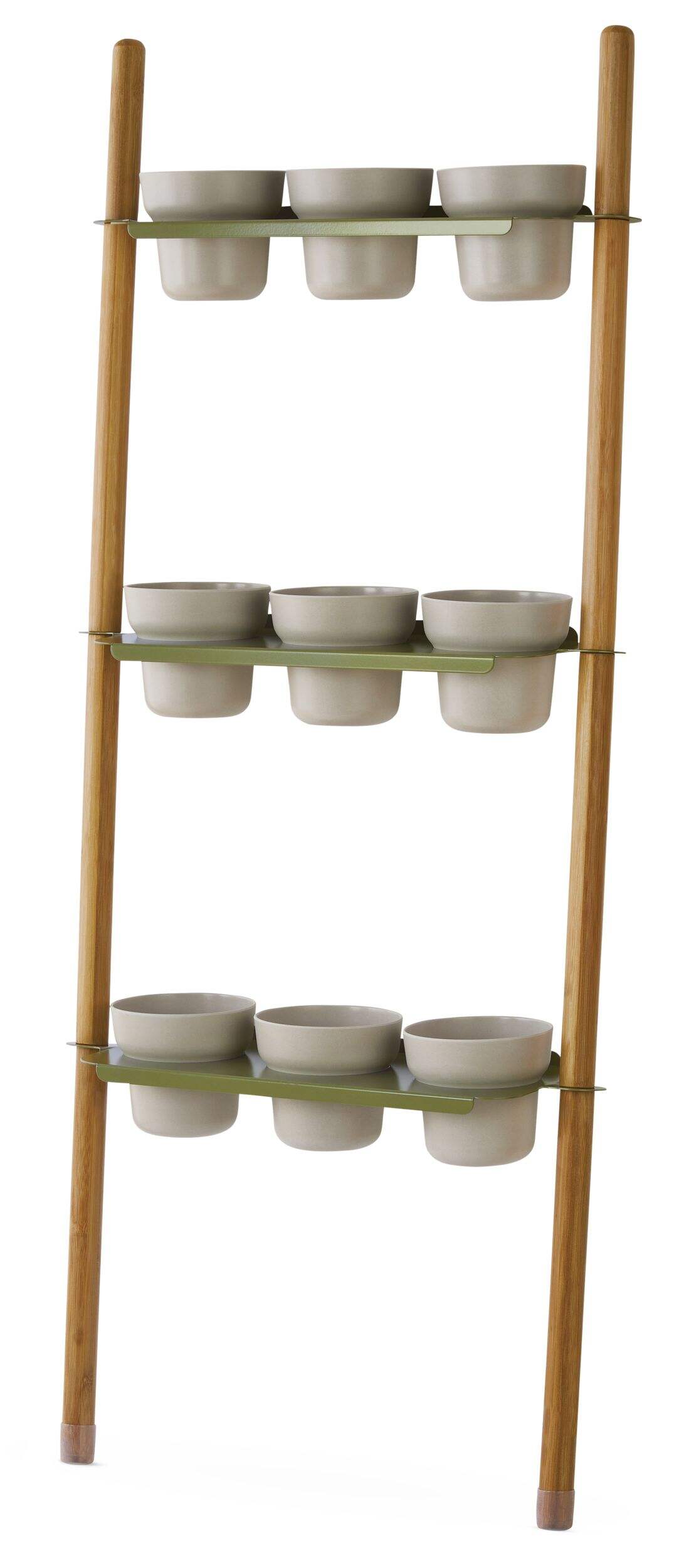 CANVAS Ladder Plant Stand with 9 Pots, Wood, Green Front_Three_Fourths_Angled_Left