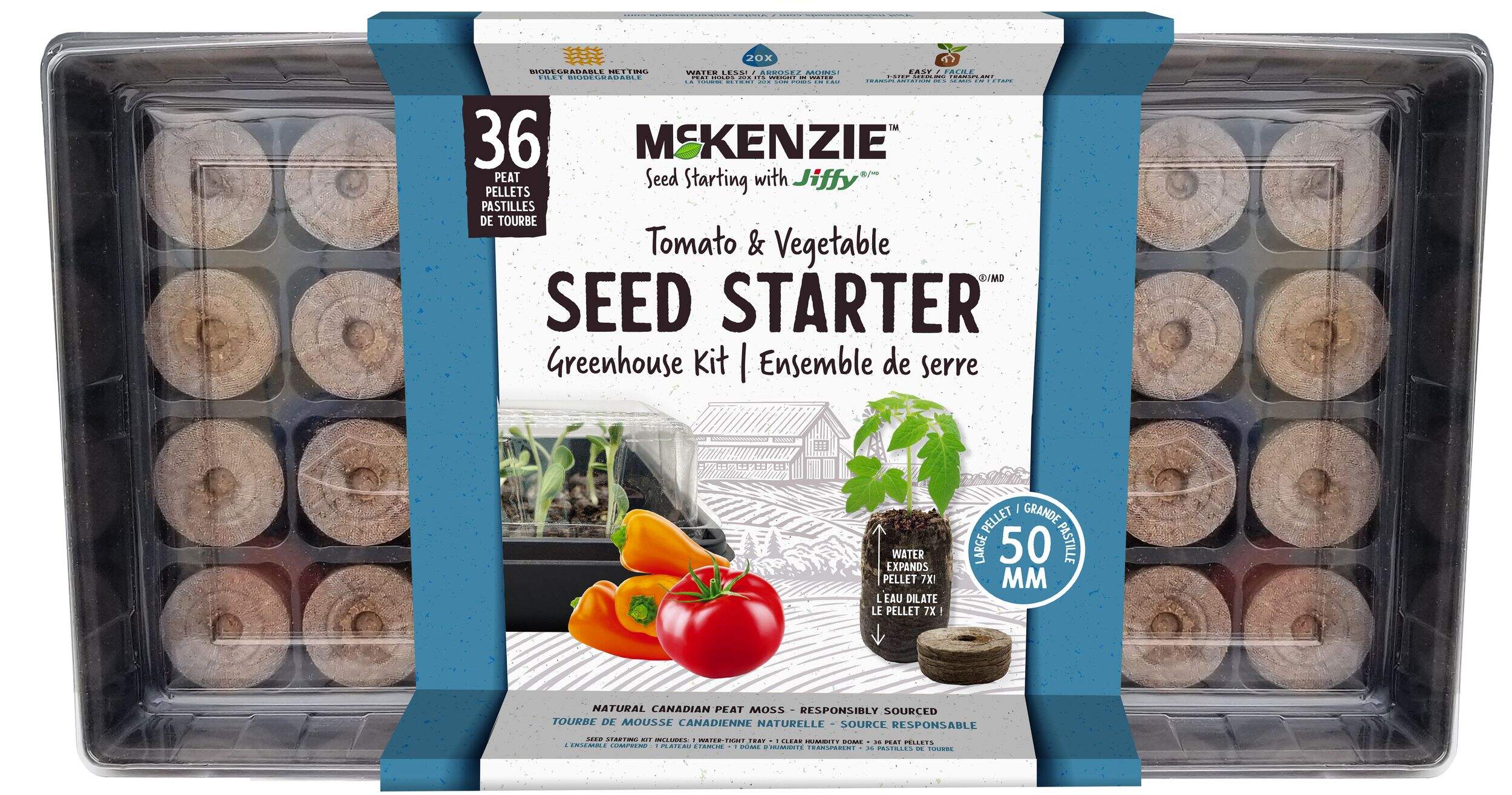 McKenzie with Jiffy Tomato Starter Greenhouse with 36 Peat Pellets, 50mm Overhead_Flat
