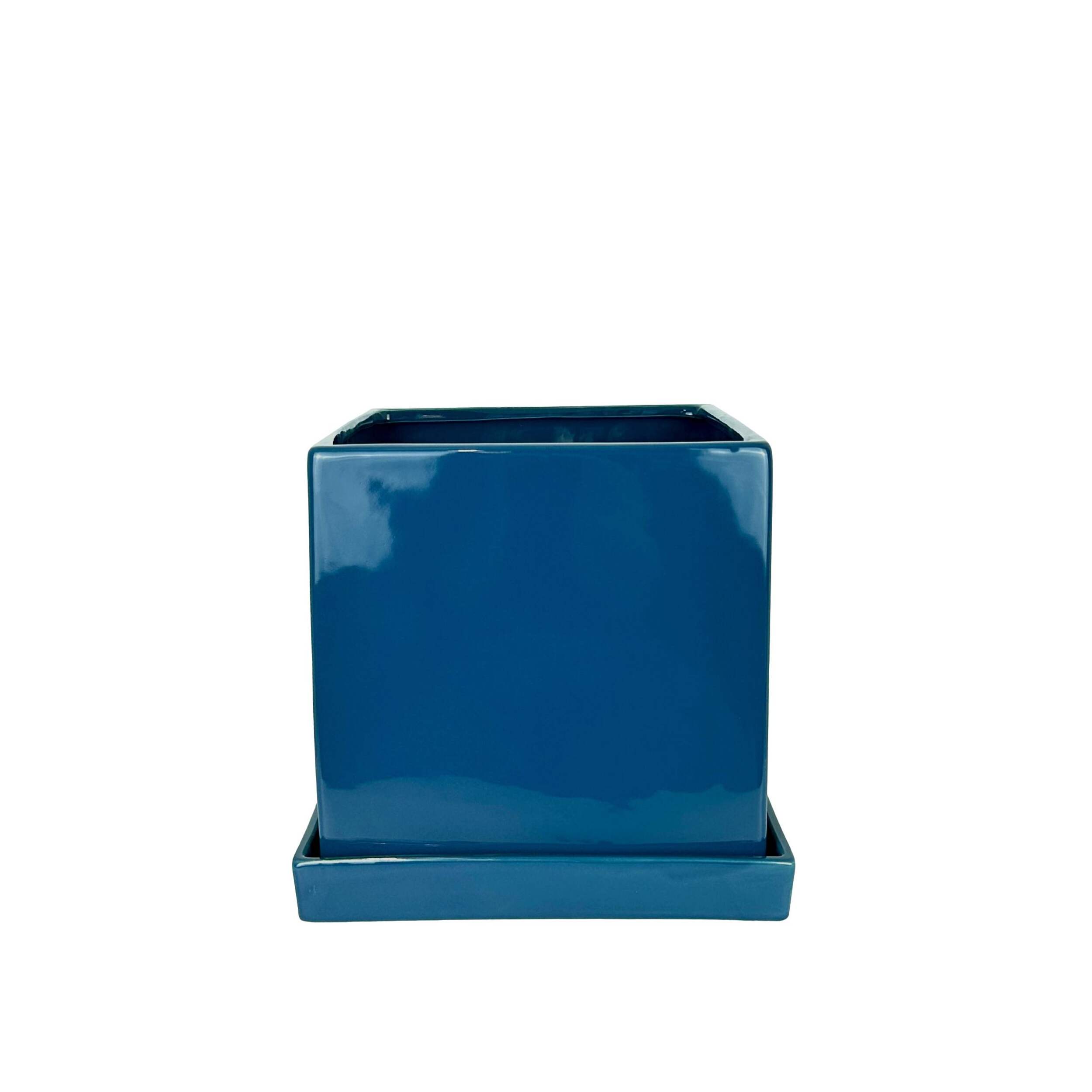 Capri Decorative Garden Square Ceramic Planter with Saucer, 8-in, Blue Front_Elevated