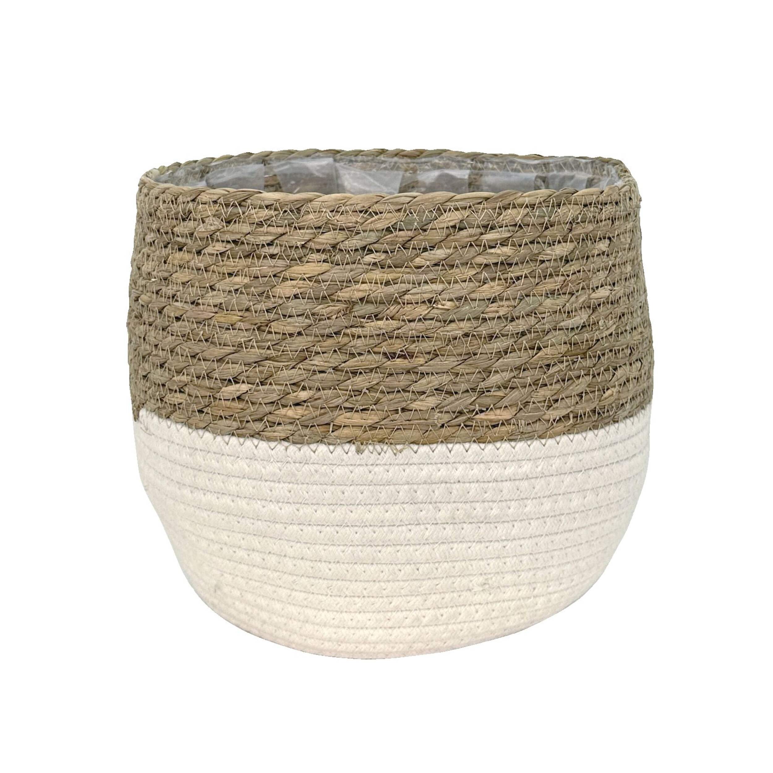 Lynne Weave Cotton Jute Round Basket Planter with Leaf-Proof Plastic Lining, 10-in Front_Flat