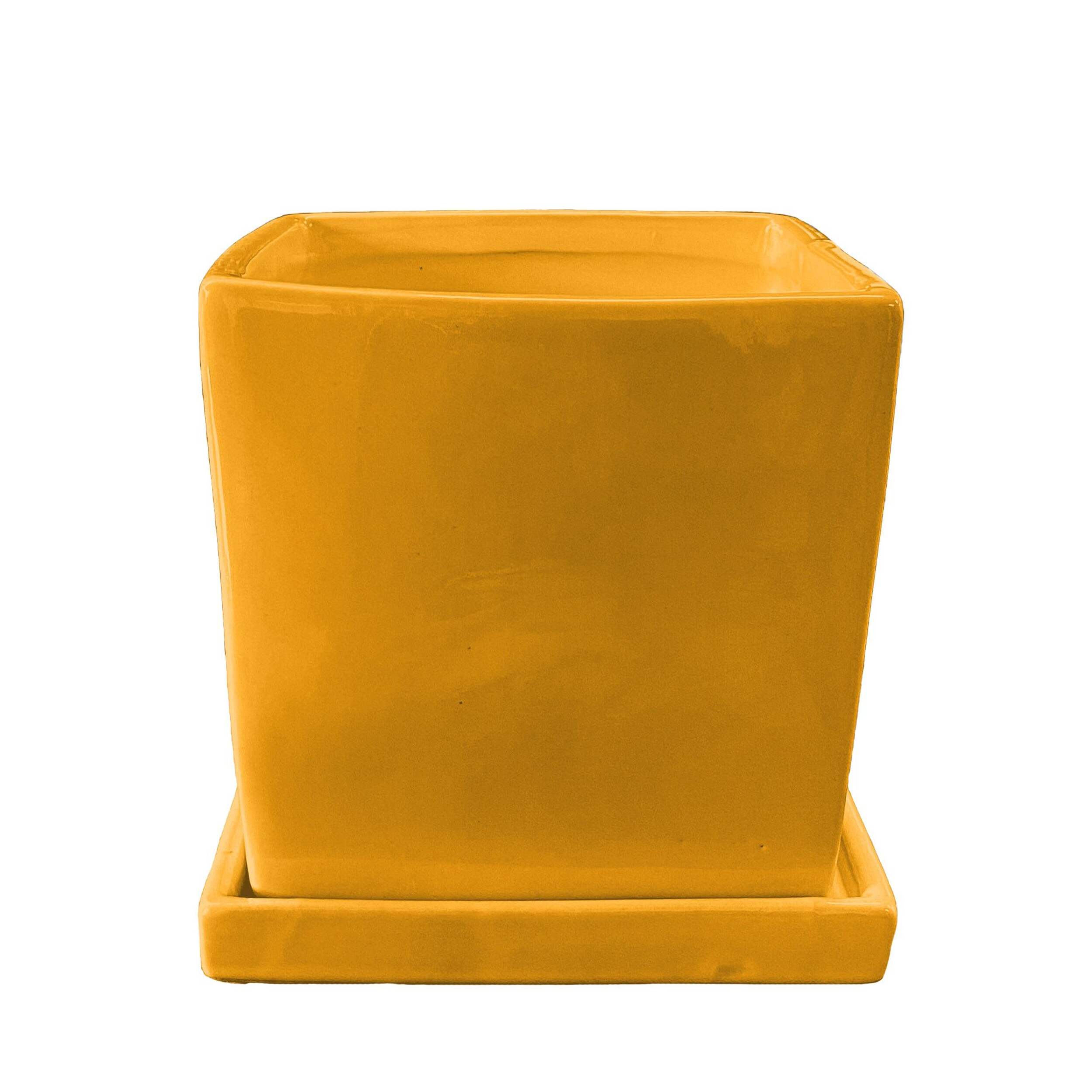 Capri Decorative Garden Square Ceramic Planter with Saucer, 10-in, Yellow Front_Elevated