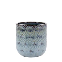 Modus Lifestyle Geo Glazed Terracotta Clay Planter, Misty Blue Front_Elevated