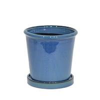 Modus Lifestyle Vienne Glazed Terracotta Clay Planter With Saucer, Blue Front_Elevated