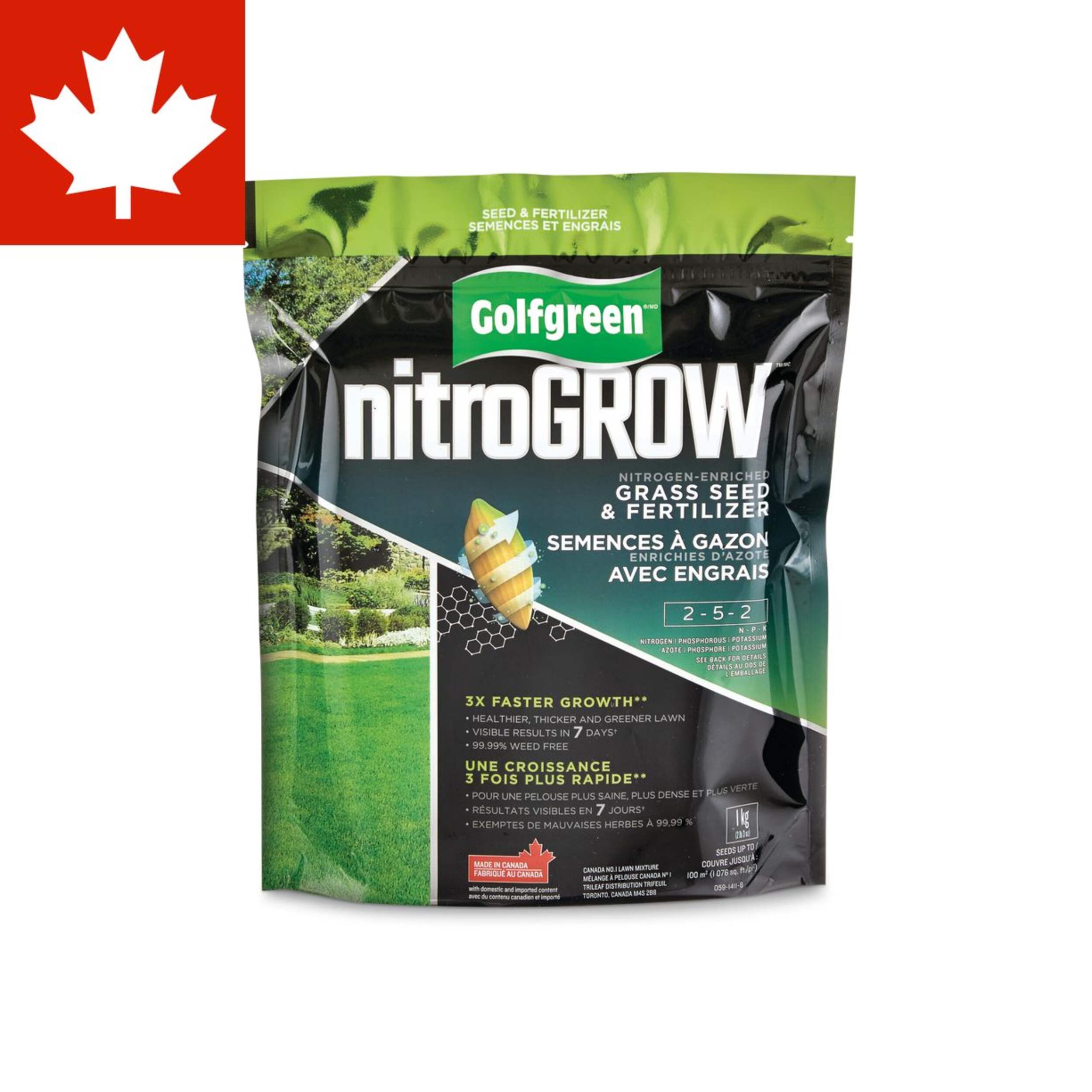 Golfgreen NitroGROW Nitrogen-Enriched Grass Seed & Fertilizer Mix, 2-5-2, 1-kg Front_Flat