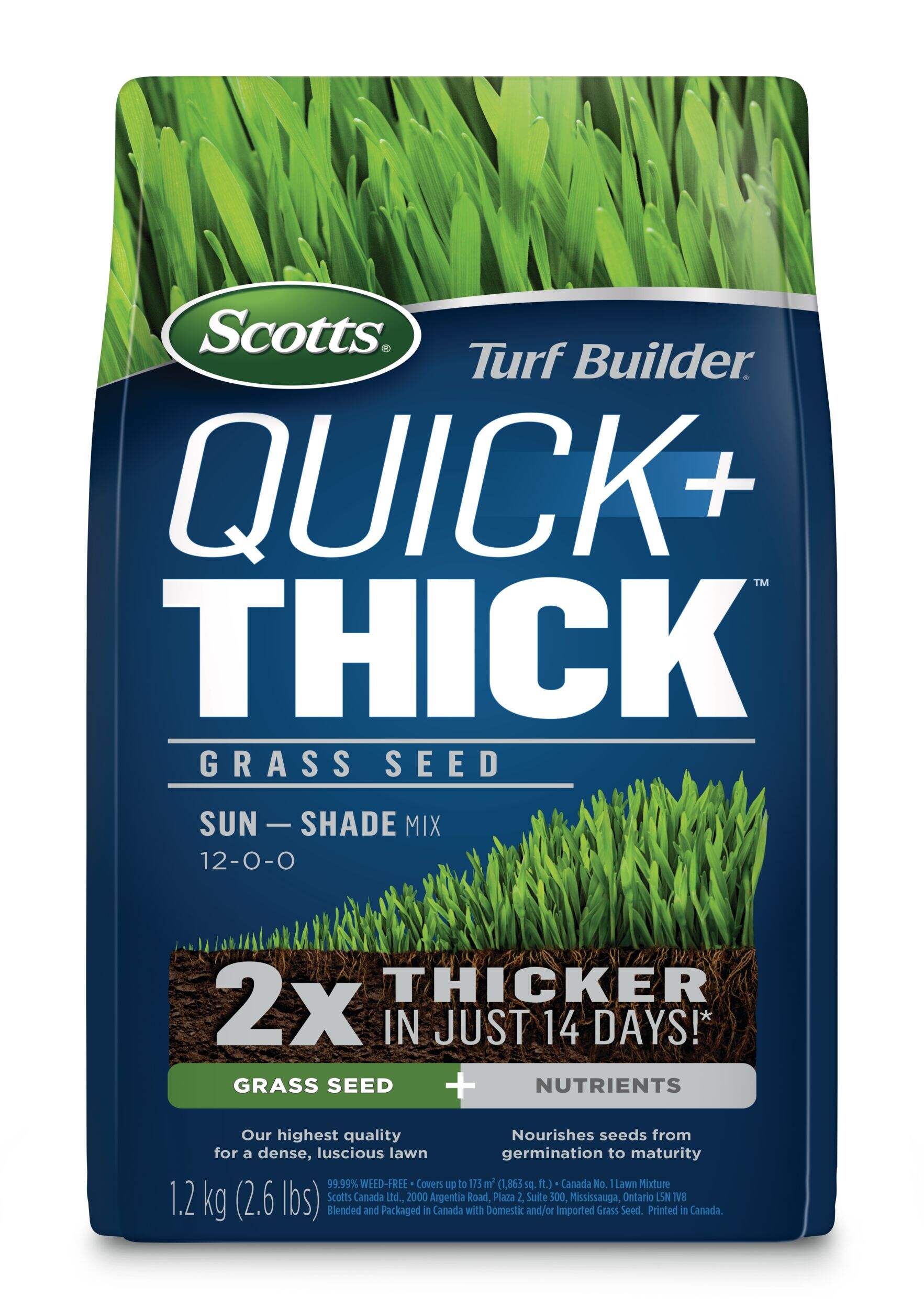 Mélange d'engrais et de semences à gazon Scotts Turf Builder Quick + Thick soleil et ombre, 1,2 kg Front_Flat