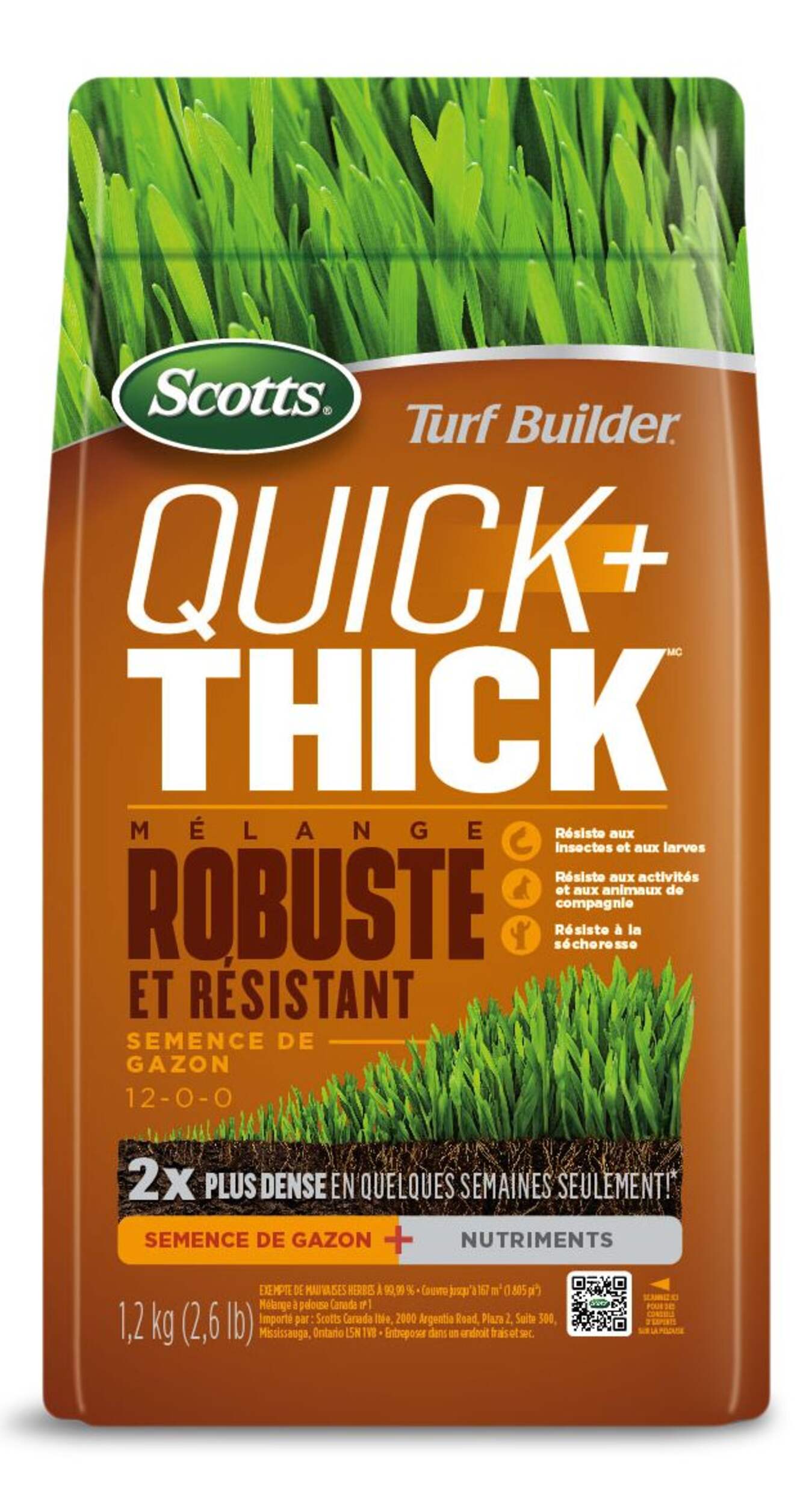 Mélange de semences à gazon Scotts Turf Builder Quick + Thick robuste et résistant, 12-0-0, 1,2 kg Front_Flat