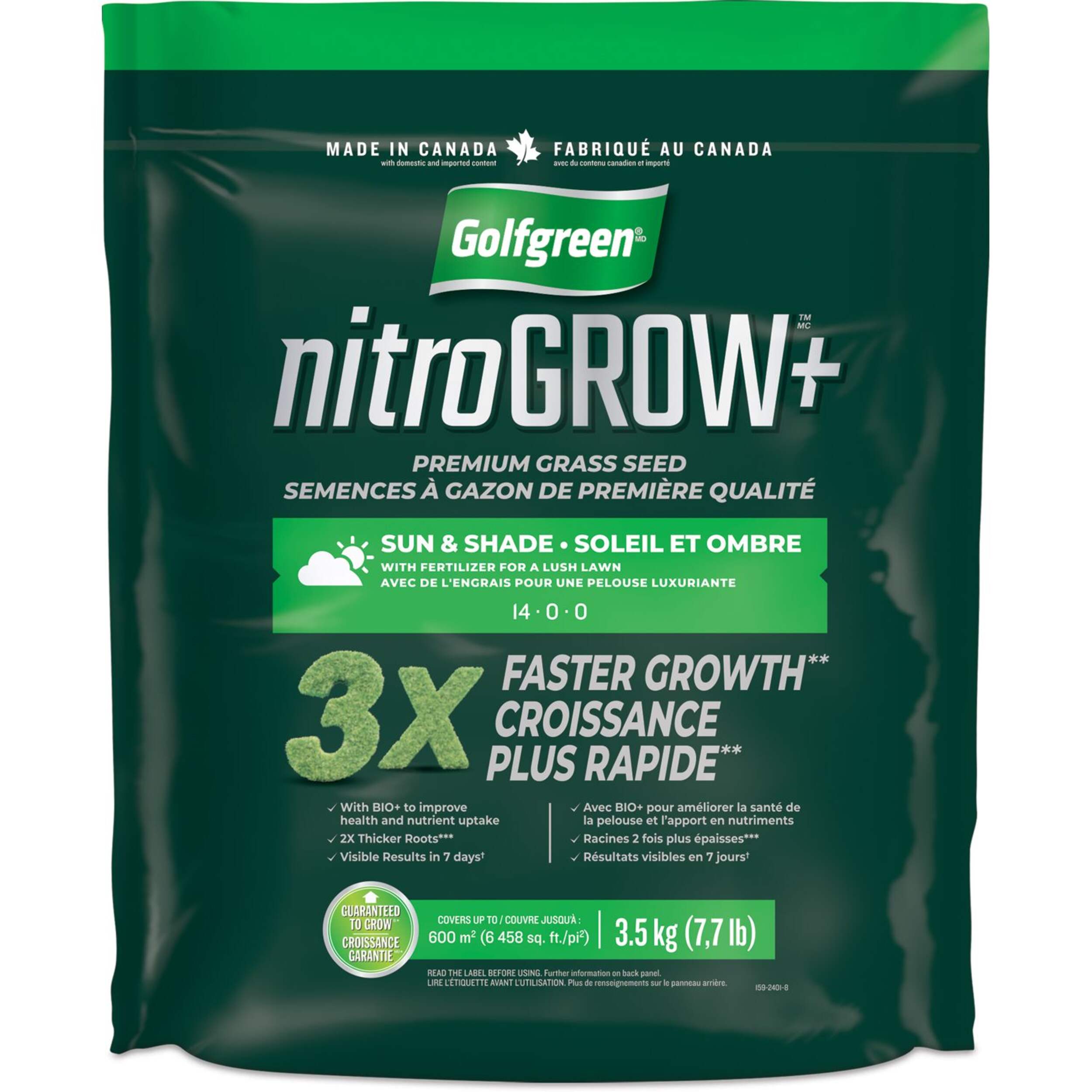 Golfgreen Nitrogrow+ Premium Nitrogen Enriched Sun and Shade Grass Seed with Fertilizer,  14-0-0, 3.5kg Front_Flat