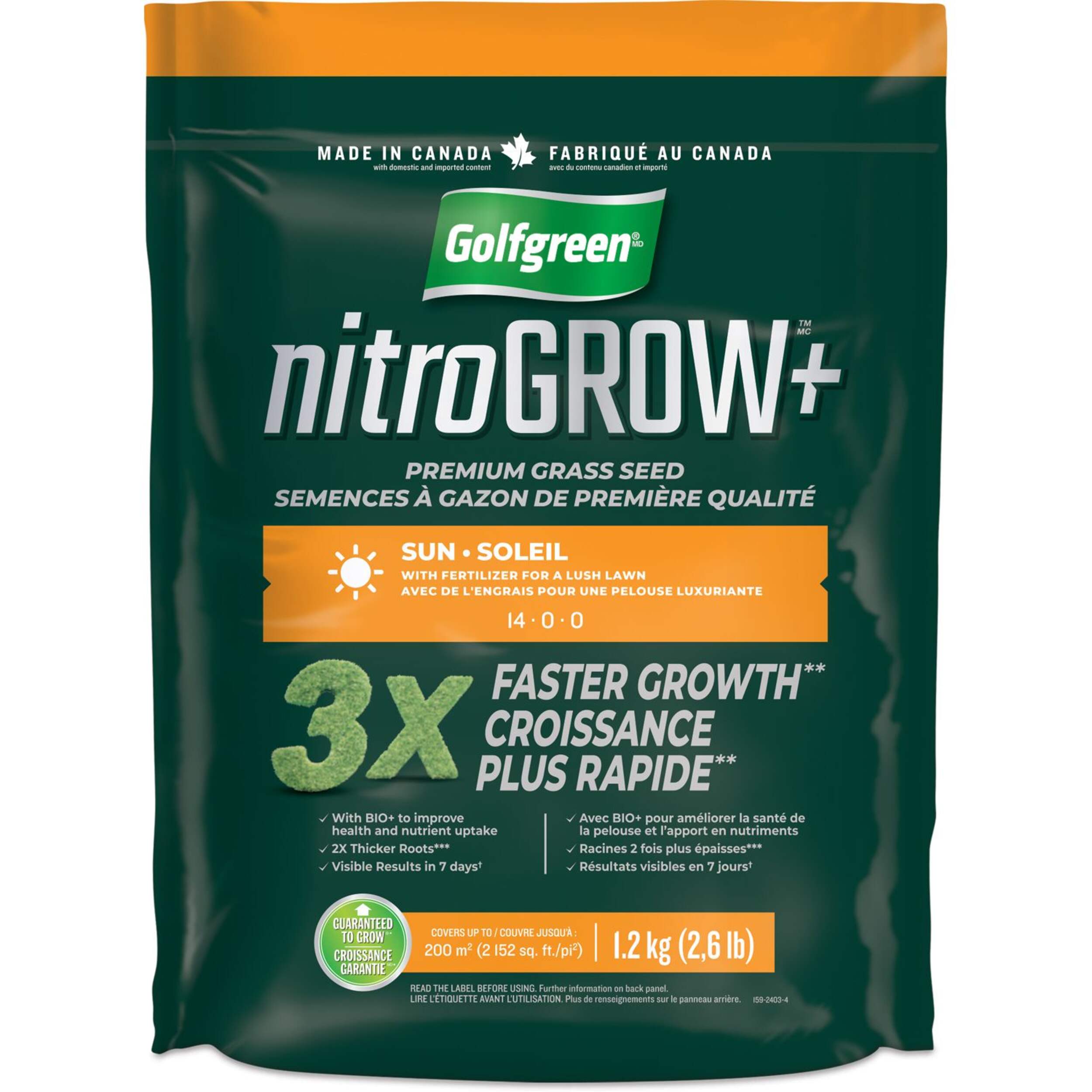 Golfgreen Nitrogrow+ Premium Nitrogen Enriched Sun Grass Seed with Fertilizer, 14-0-0, 1.2kg Front_Flat