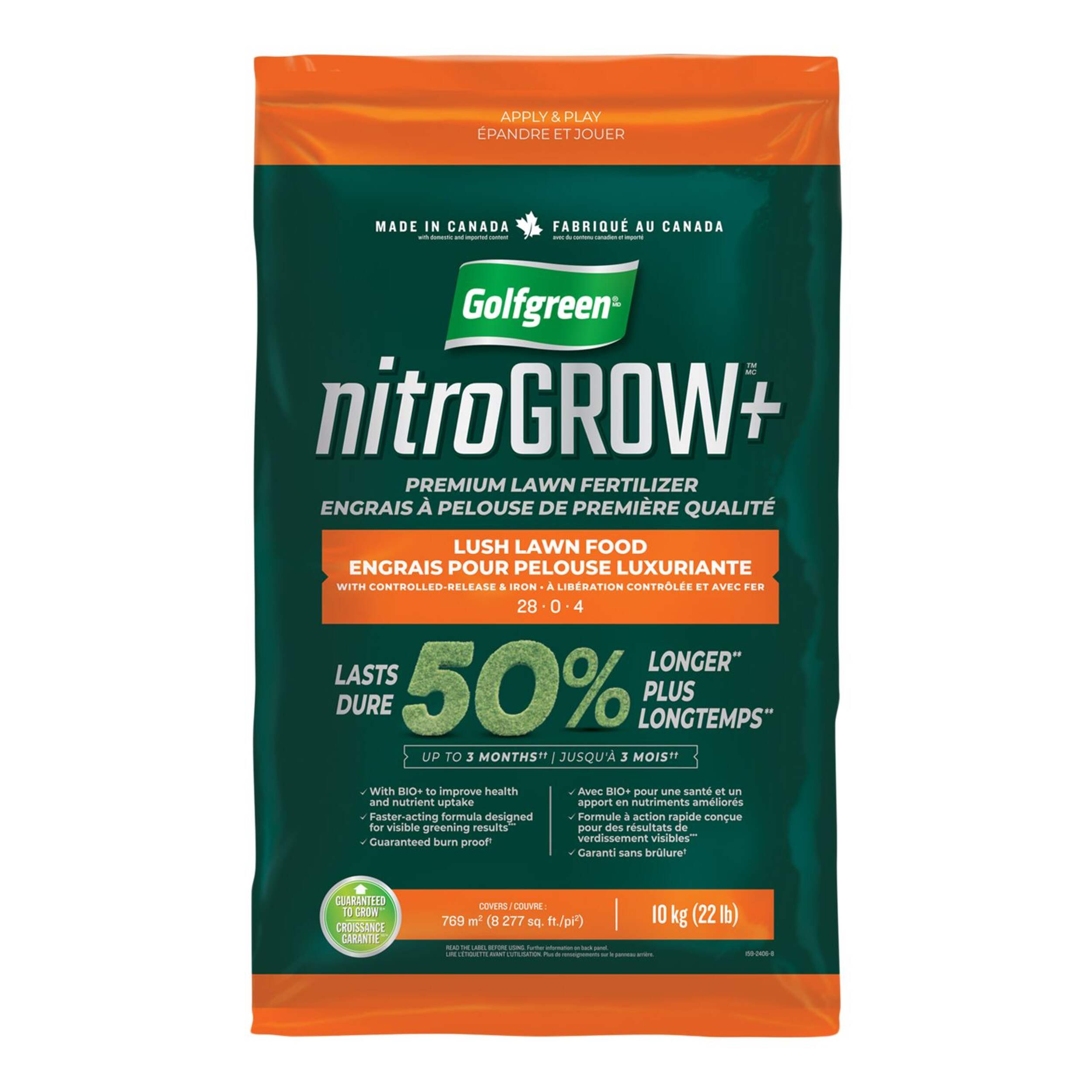 Engrais à pelouse luxuriante enrichi en azote Golfgreen Nitrogrow+, 28-0-4, 10 kg Front_Flat