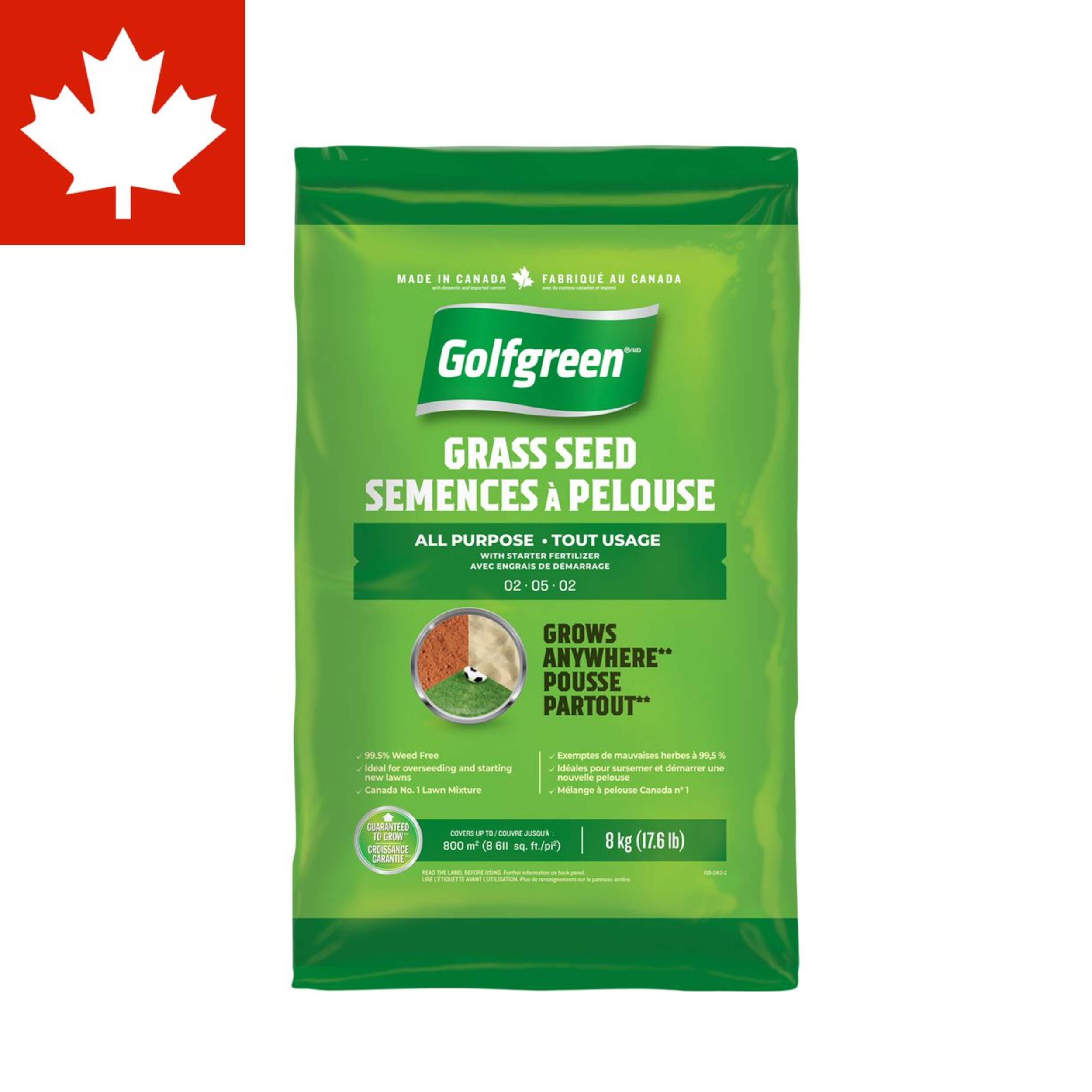 Golfgreen All Purpose Grass Seed with Starter Fertilizer, Weed-Free, 2-5-2, 8kg Front_Flat