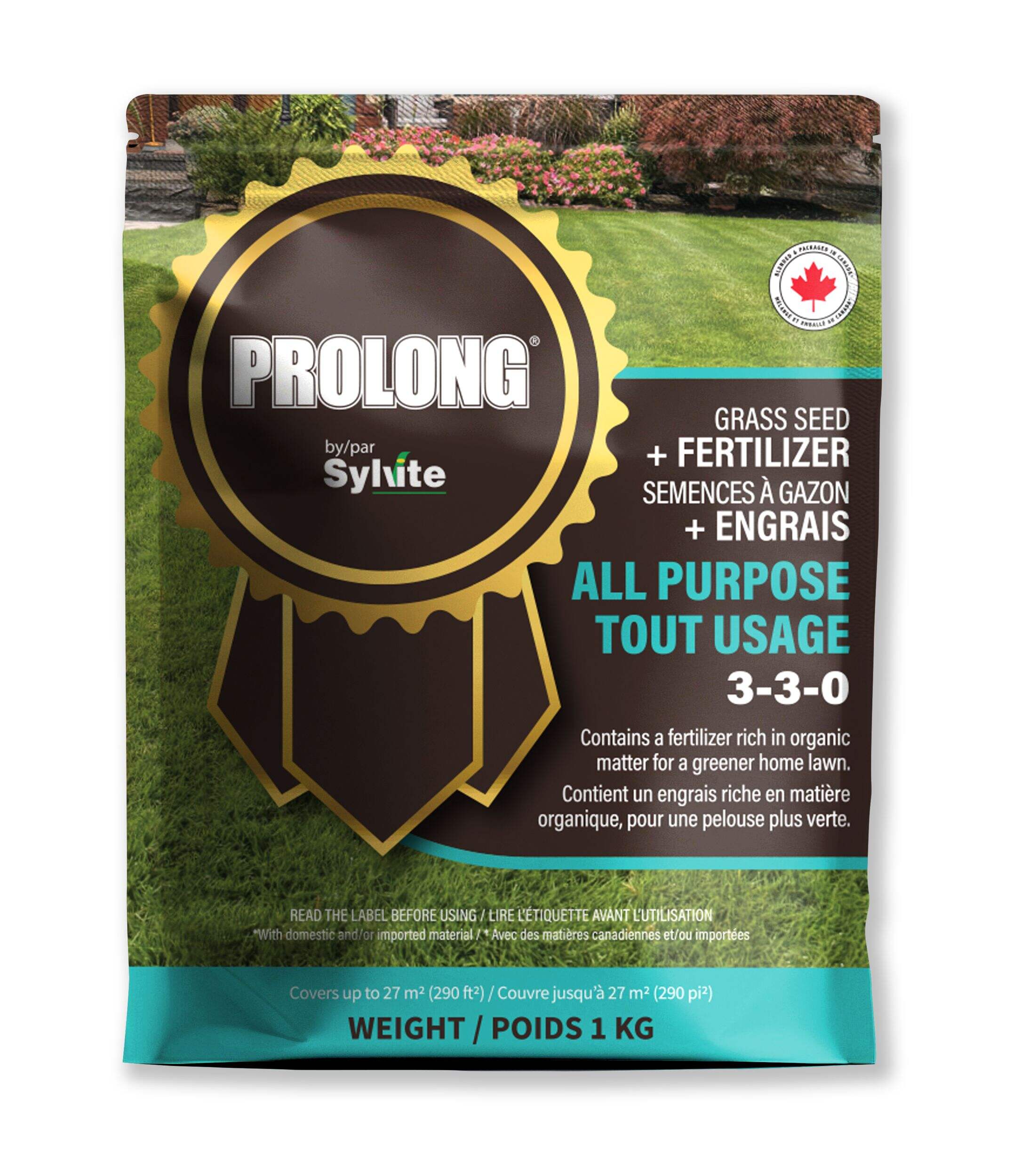 Mélange de semences à gazon tout usage avec engrais PROLONG, 3-3-0, 1 kg Front_Flat