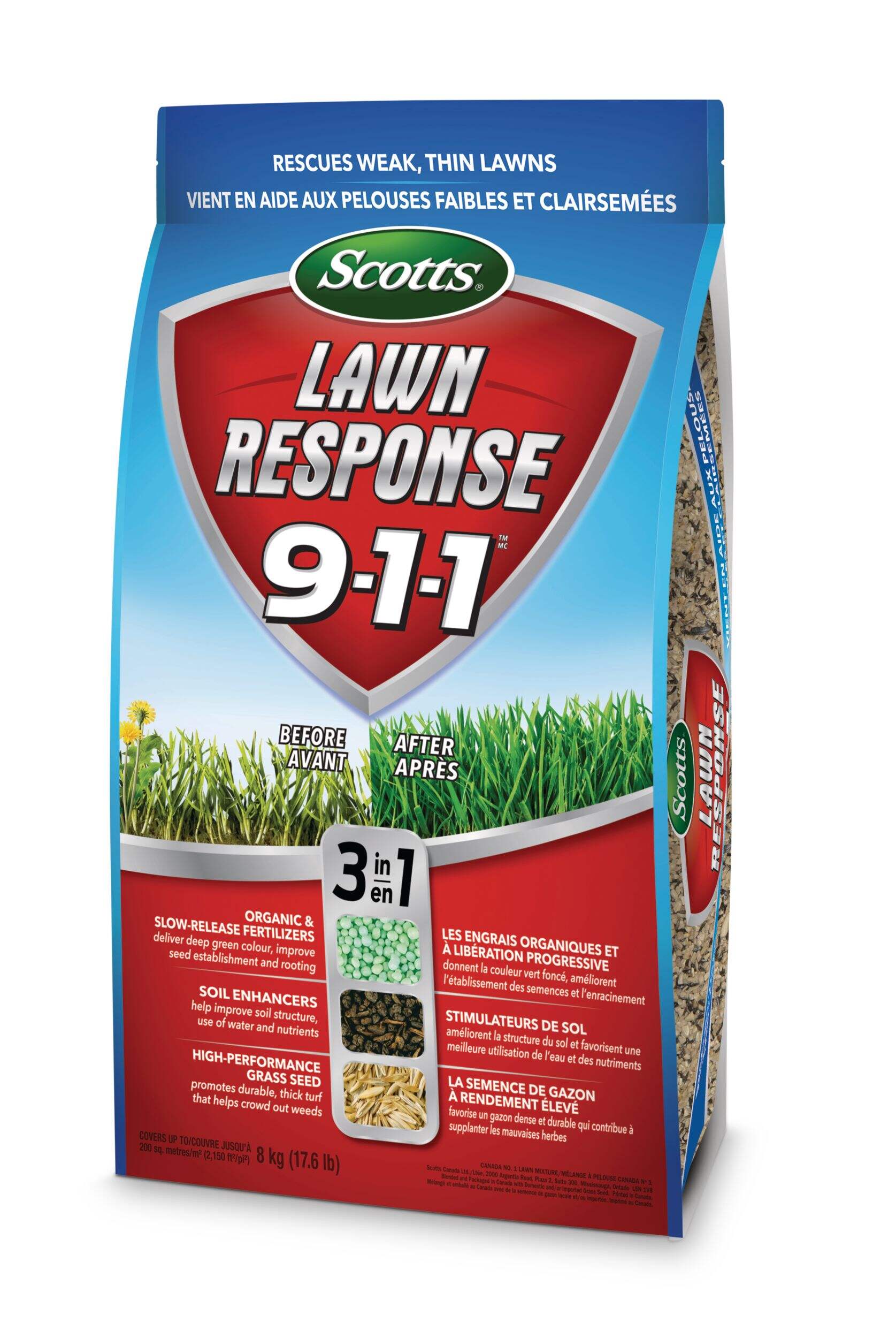 Scotts Lawn Response 3-in-1 Grass Seed & Fertilizer Mix, 9-1-1, 8-kg Front_Three_Fourths_Angled_Left