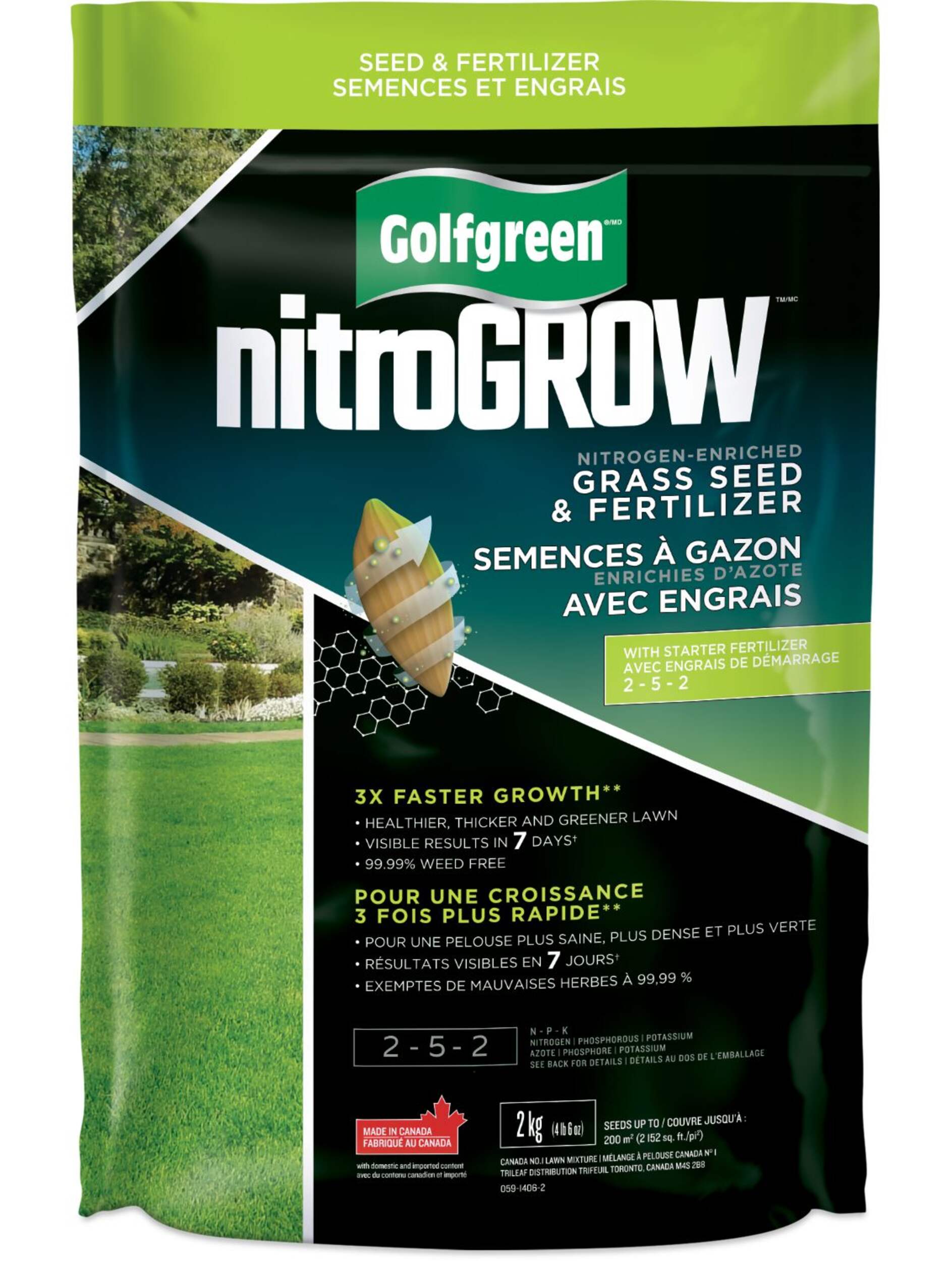 Golfgreen NitroGROW Nitrogen-Enriched Grass Seed & Fertilizer Mix, 2-5-2, 2-kg Front_Flat
