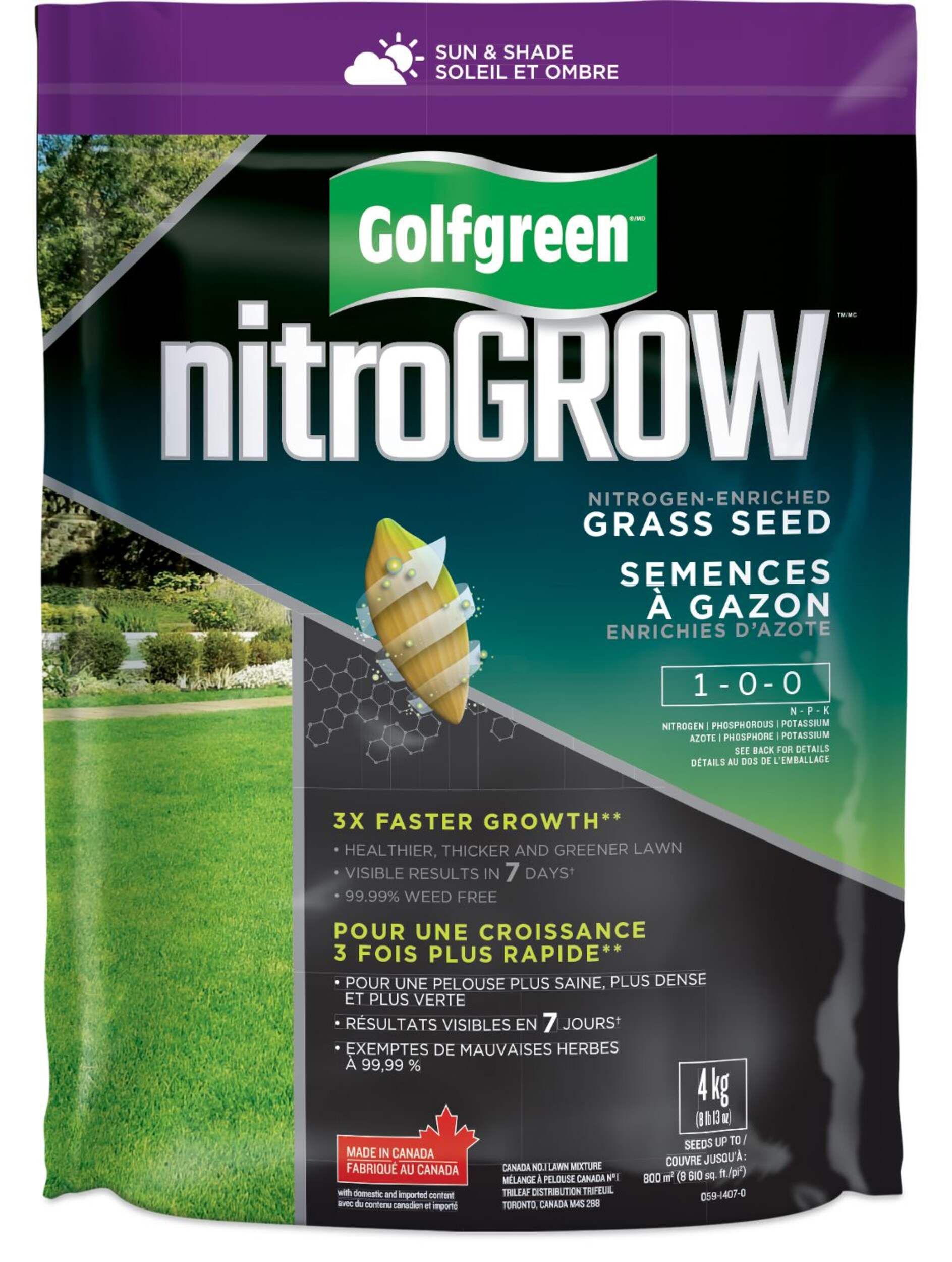 Golfgreen NitroGROW Sun & Shade Nitrogen-Enriched Grass Seed & Fertilizer Mix, 1-0-0, 4-kg Front_Flat