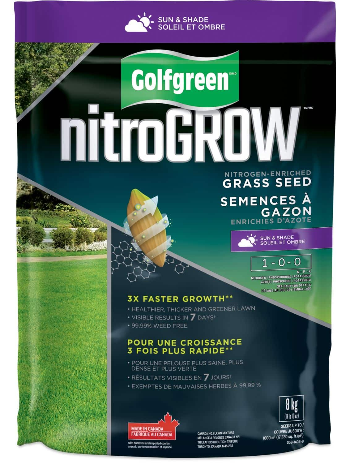 Golfgreen NitroGROW Sun Shade Nitrogen Enriched Grass Seed Fertilizer Mix 1 0 0 8 kg