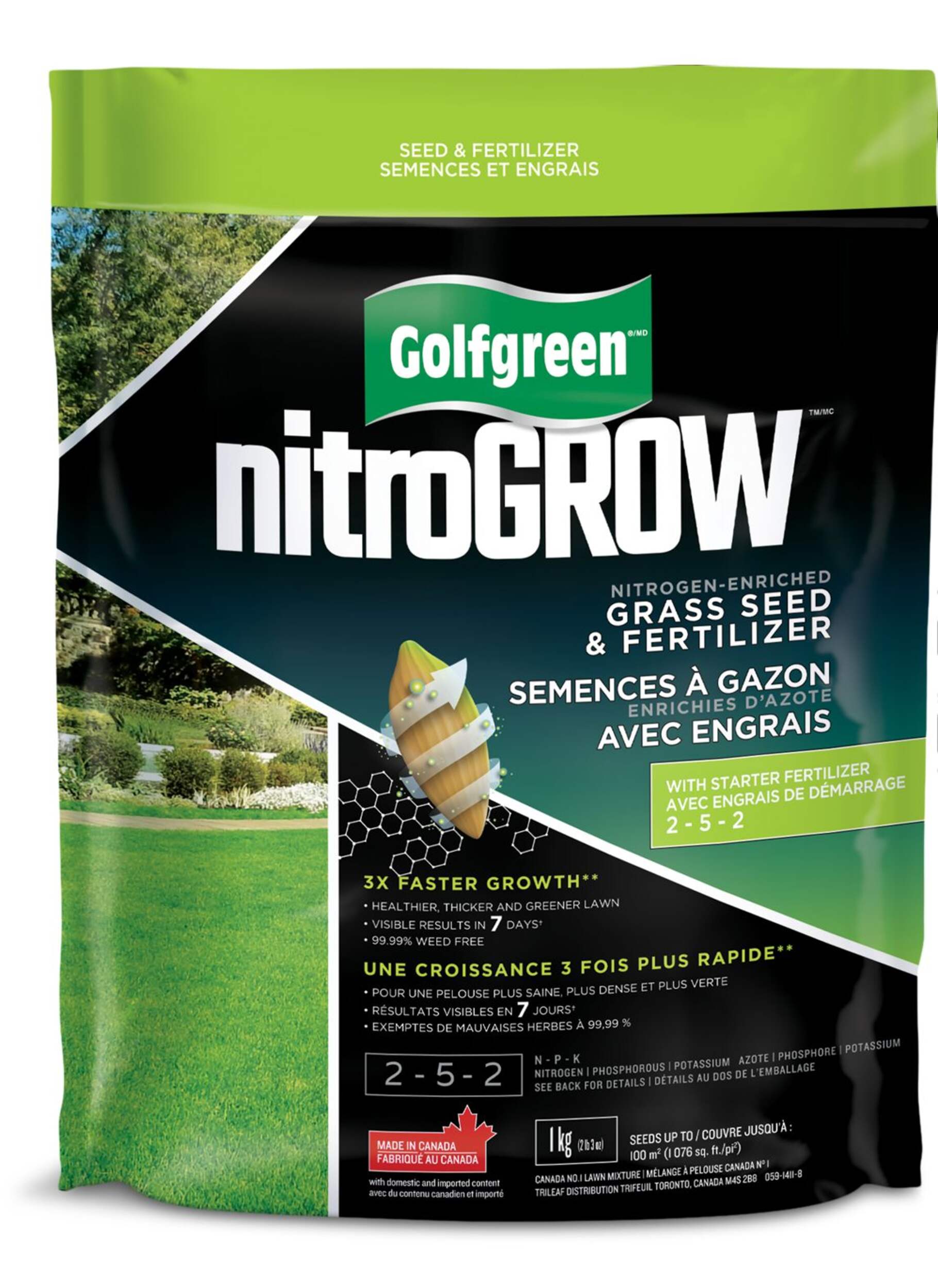 Mélange de semences à pelouse et d’engrais enrichis en azote Golfgreen NitroGROW, 2-5-2, 1 kg Front_Flat