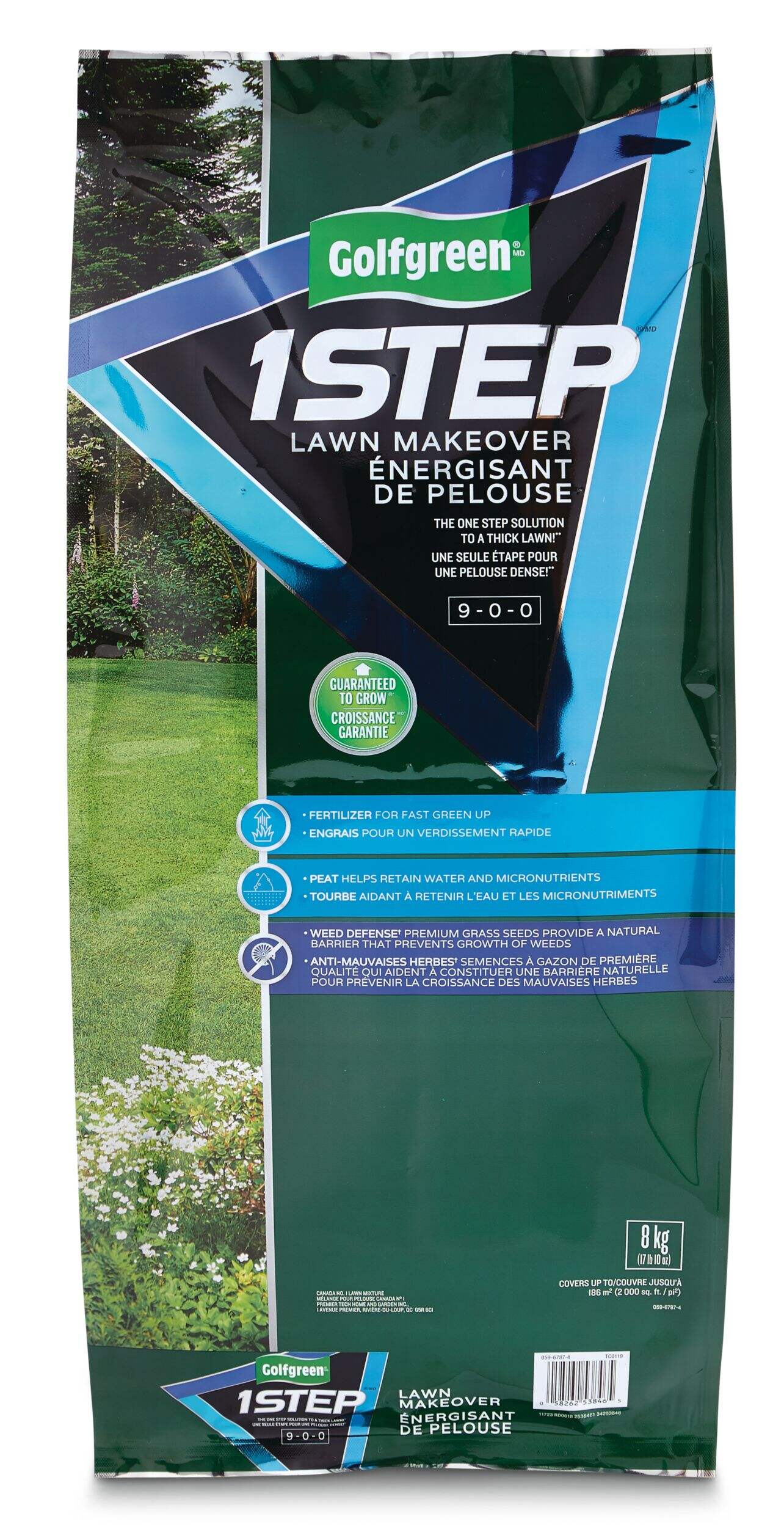 Mélange d’engrais et de semence à pelouse Golfgreen 1-Step Lawn Makeover, 9-0-0, 8 kg Front_Flat