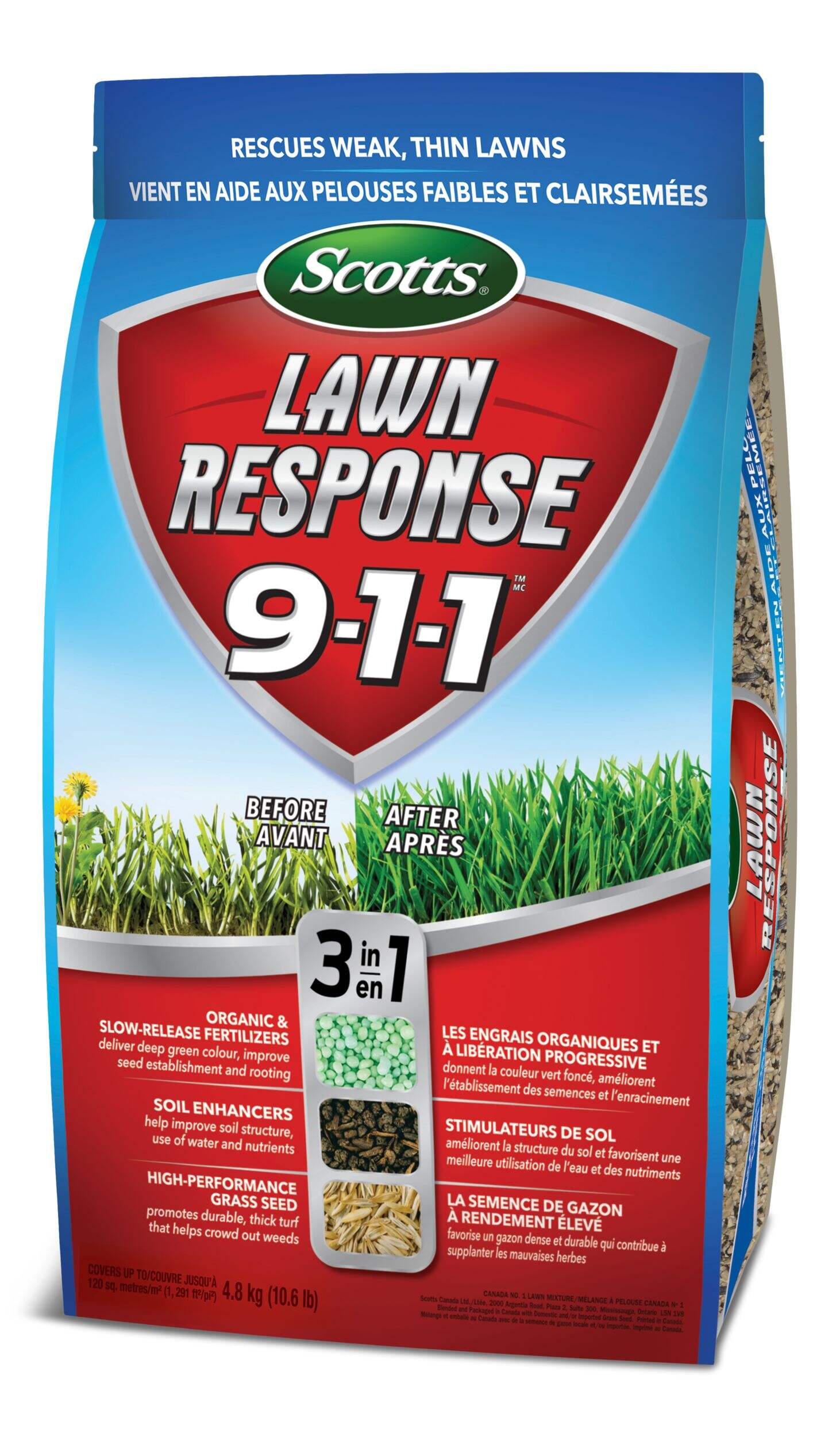 Scotts Lawn Response 3-in-1 Grass Seed & Fertilizer Mix, 9-1-1, 4.8-kg Front_Three_Fourths_Angled_Left