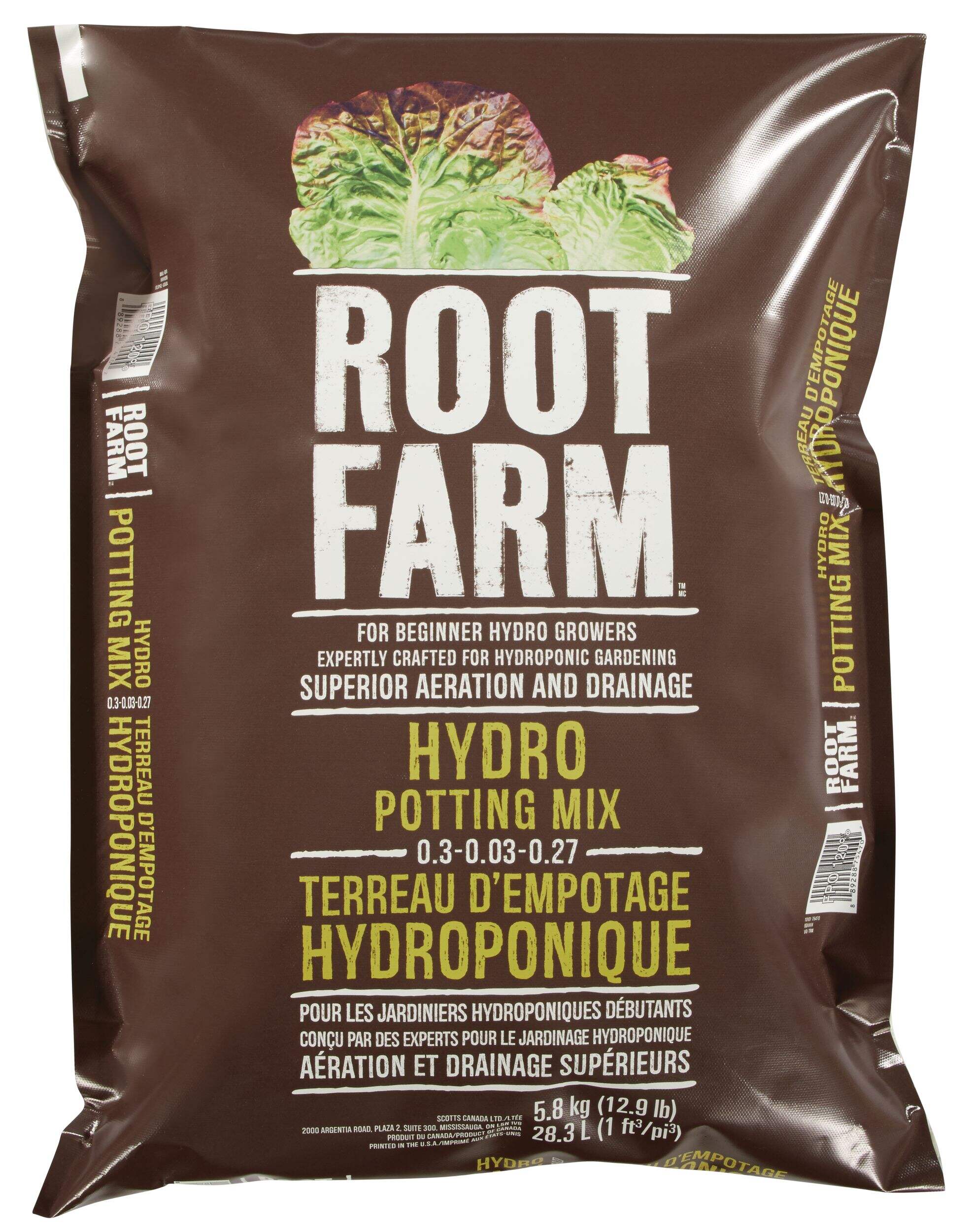 Root Farm Moisture Control Hydro Potting Mix, 0.3-0.03-0.27, 28.3-L Front_Flat