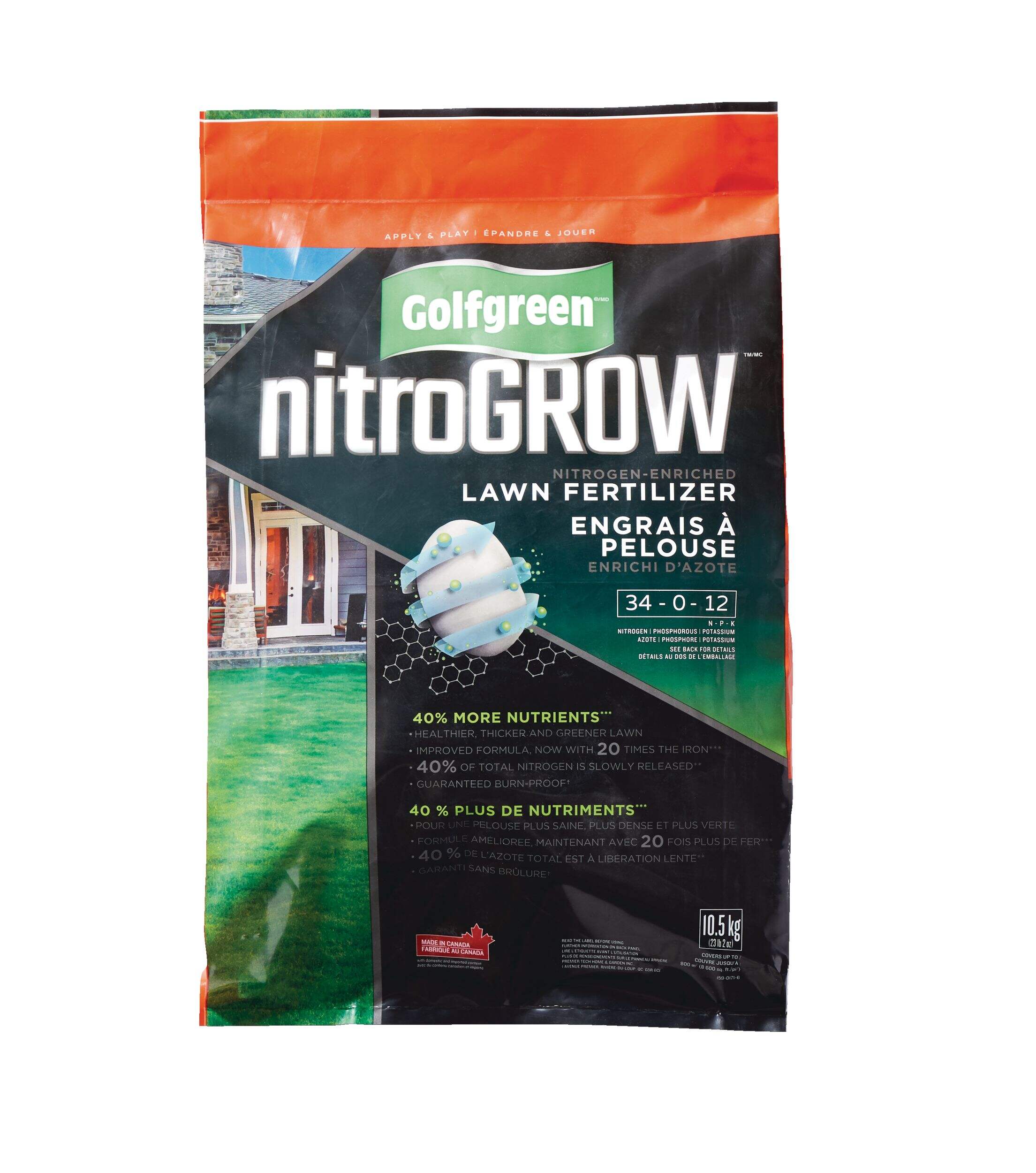 Golfgreen NitroGROW Nitrogen-Enriched Lawn Fertilizer, 34-0-12, 800-m2 Front_Flat