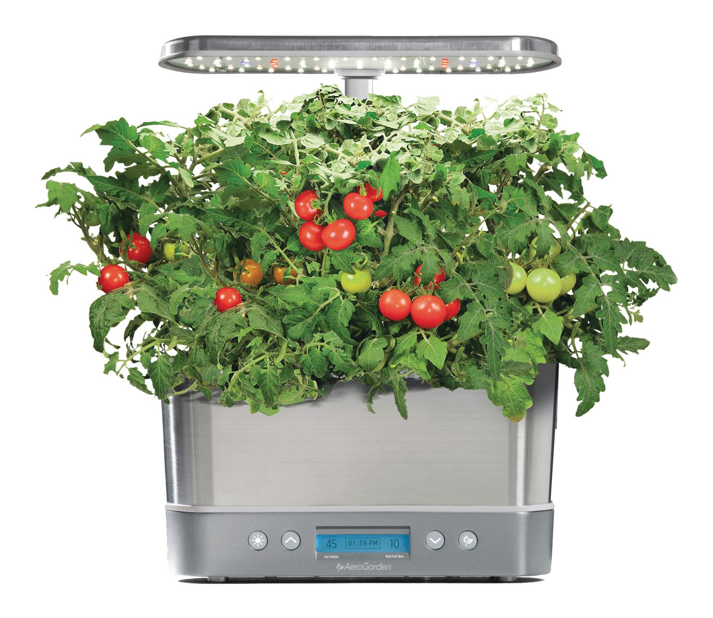 Milieu de culture en acier inoxydable AeroGarden Harvest Elite avec DEL, engrais inclus Front_Flat