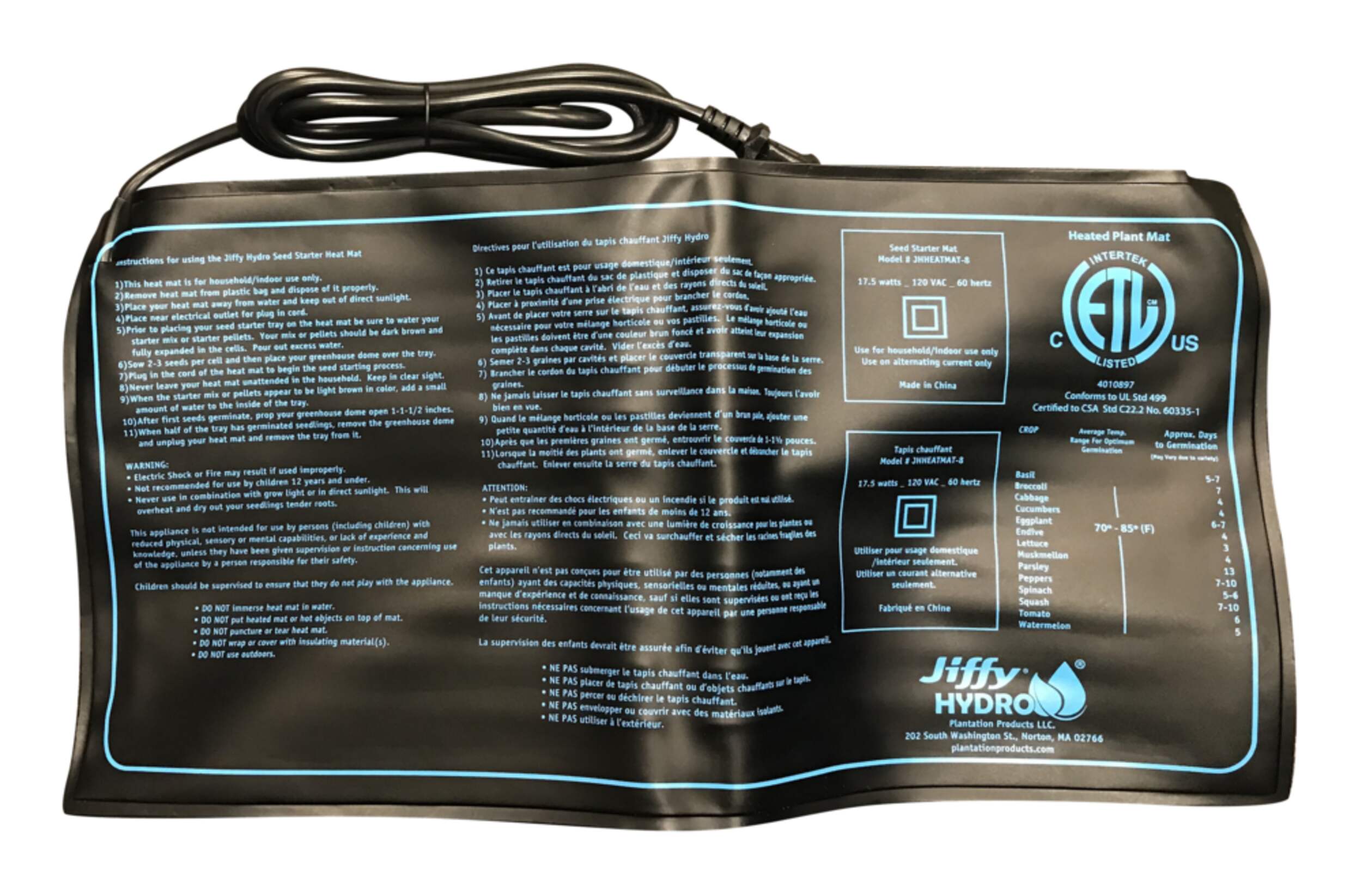 Tapis chauffant robuste pour semis Jiffy Hydro, 10 x 21 po Bottom_Flat