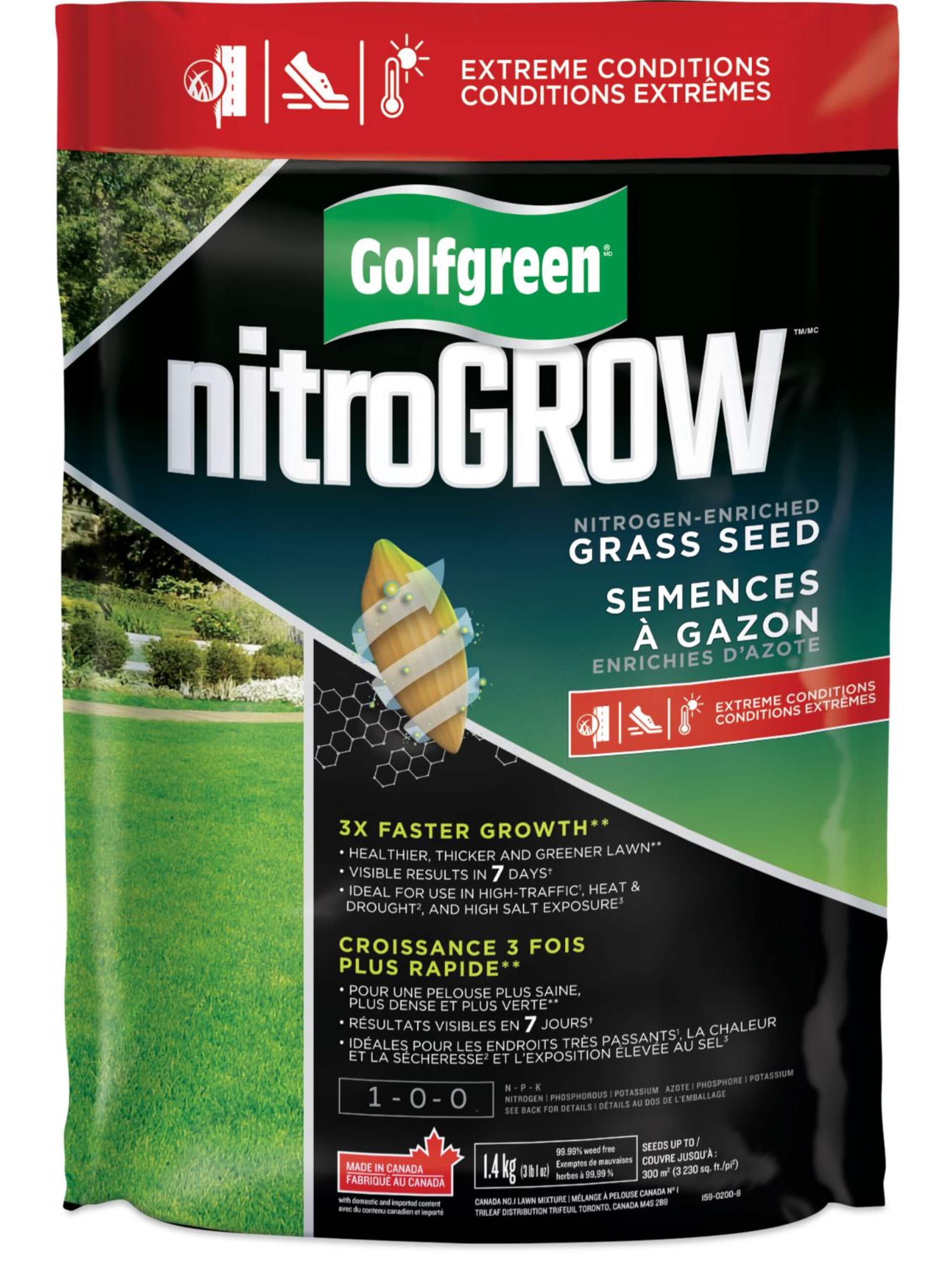 Golfgreen NitroGROW Extreme Condition Water Saving Grass Seed & Fertilizer Mix, 1.4-kg Front_Flat