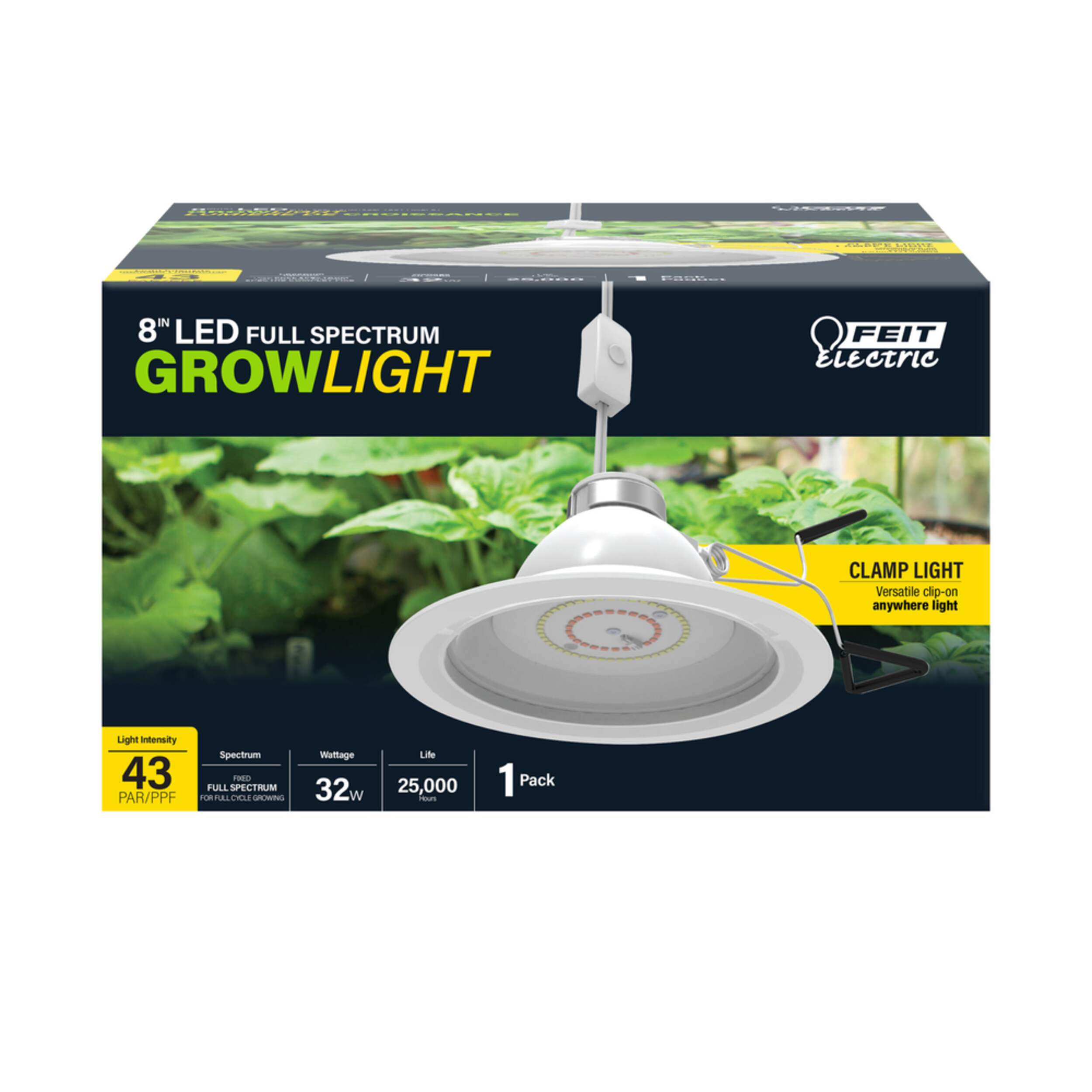 Feit Electric Clamp Mount LED Grow Light, 32-Watt, 8-in, White Front_Elevated