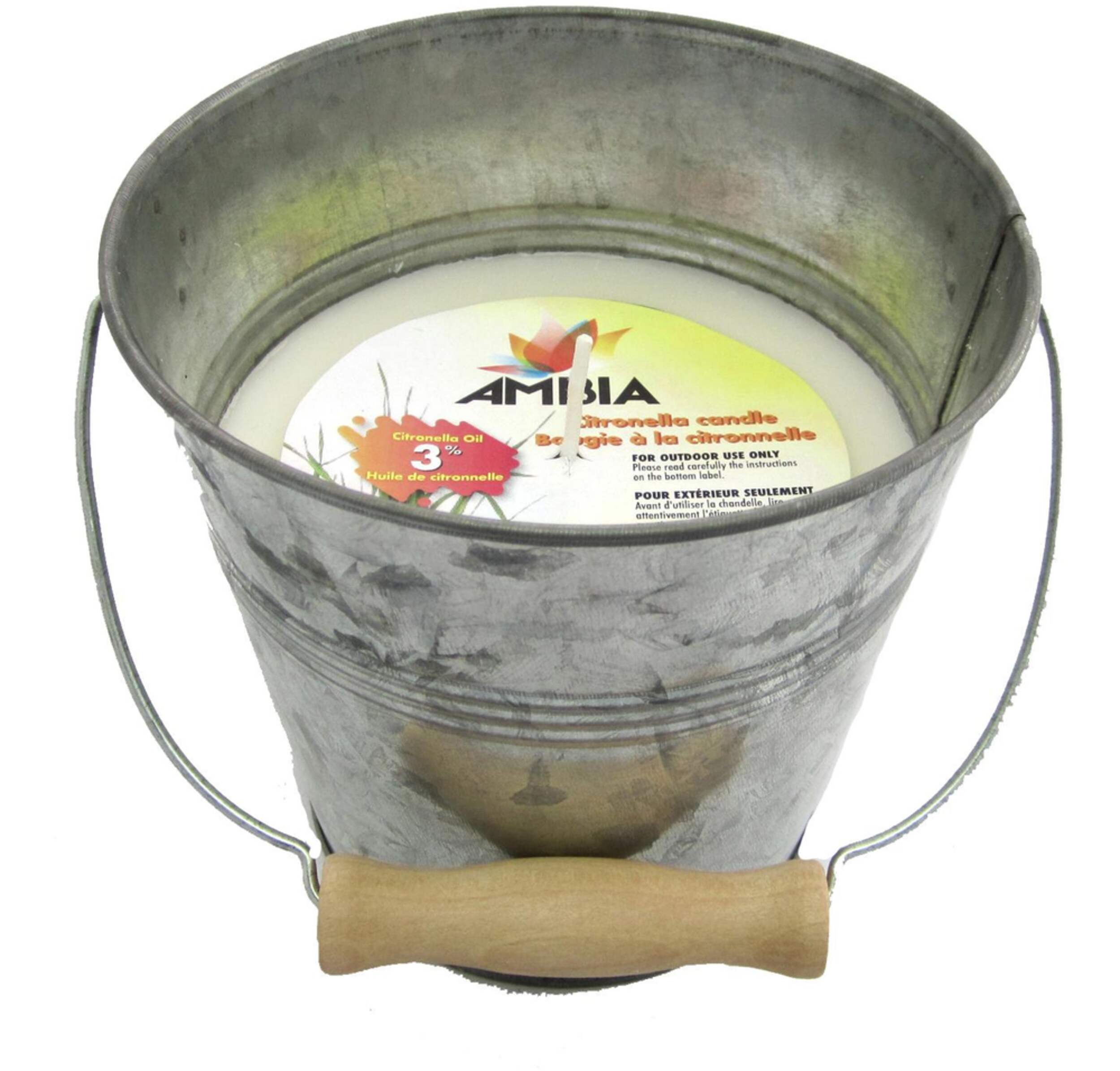 Ambia Galvanized  Citronella Mosquito/Insect Repellent Candle Bucket with Wood Handles Front_Elevated