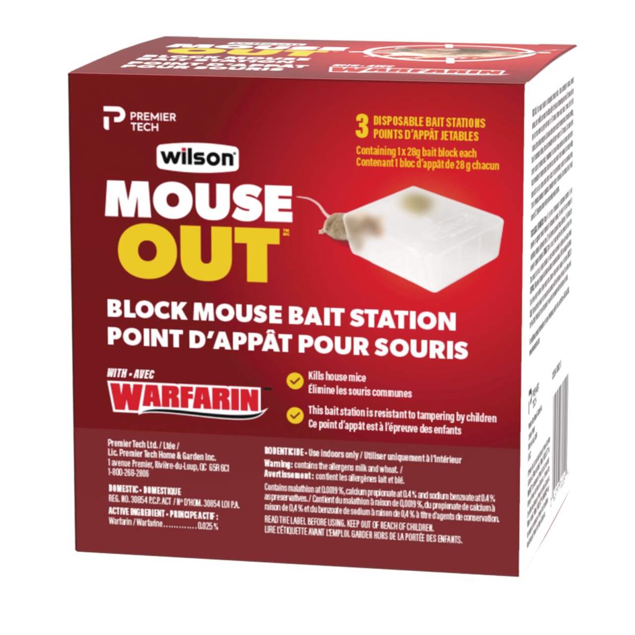 Wilson MouseOut Warfarin Indoor Prefilled Single-Use Disposable Block Mouse  Bait Station, 3-pk