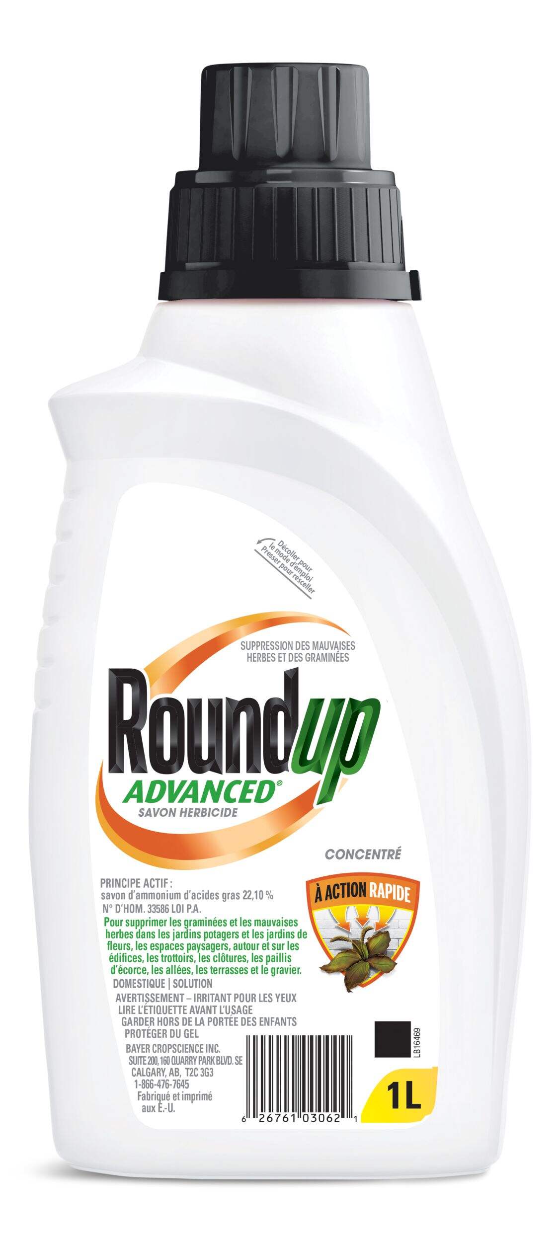 Herbicide concentré RoundUp Advanced pour contrôler graminées et mauvaises herbes, savon herbicide, 1 L Back_Flat