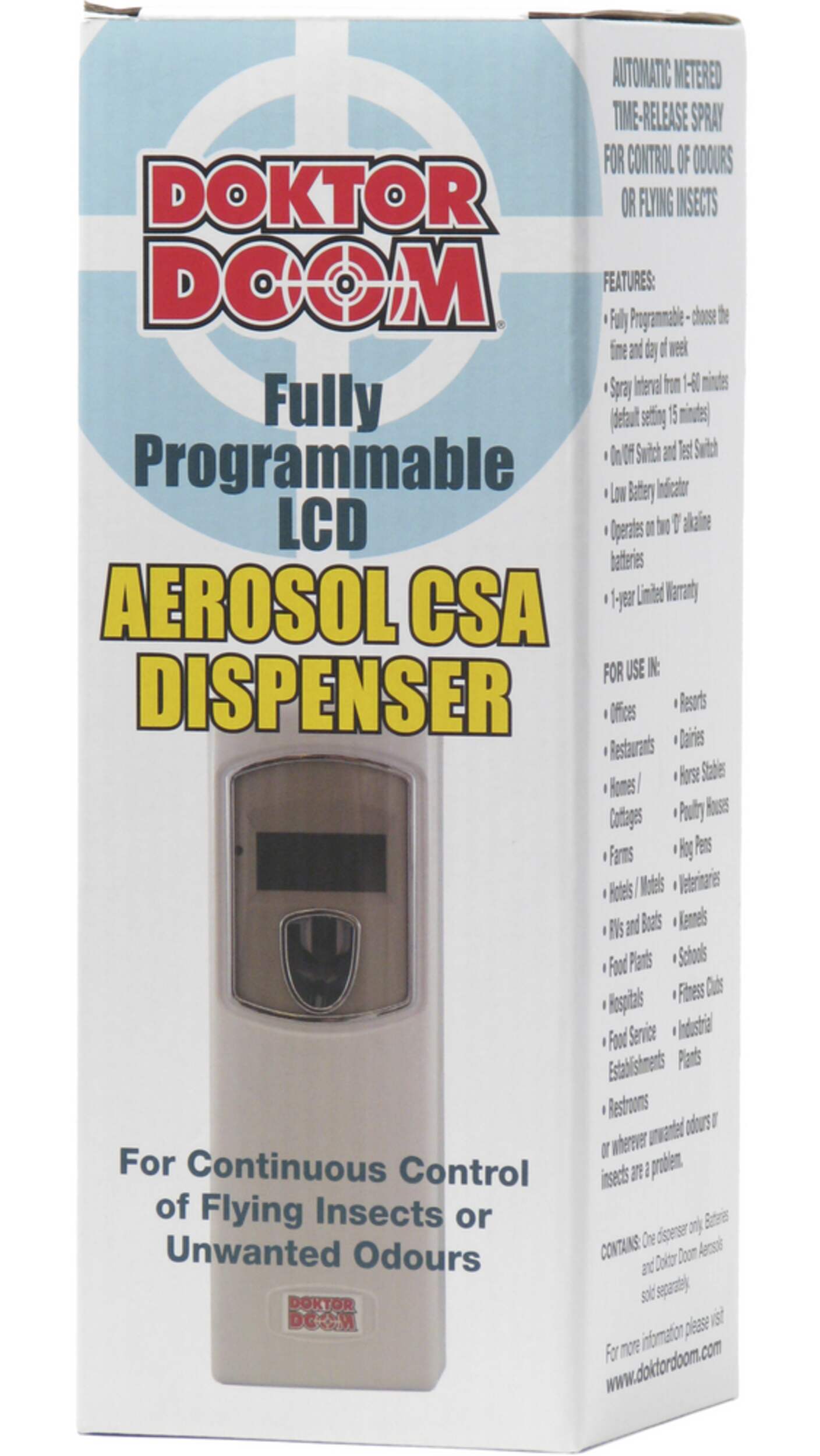 Doktor Doom Indoor Fully Programmable CSA Aerosol Dispenser for 170 Gram Cans Front_Angled_Left