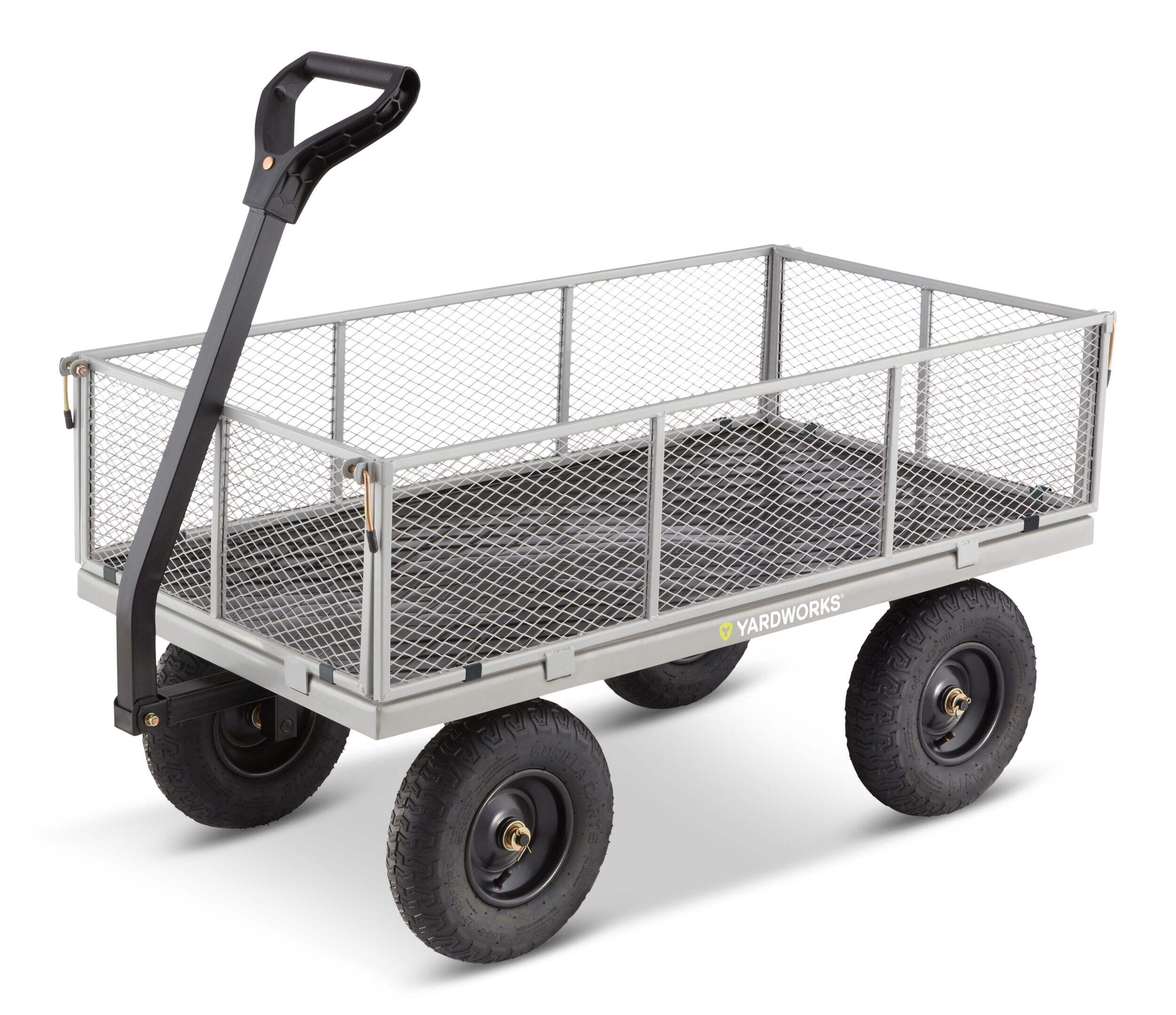 Yardworks Steel Tray 4-Wheel Mesh Garden/Yard Cart with Removable Sides, 1200-lb Front_Three_Fourths_Angled_Left