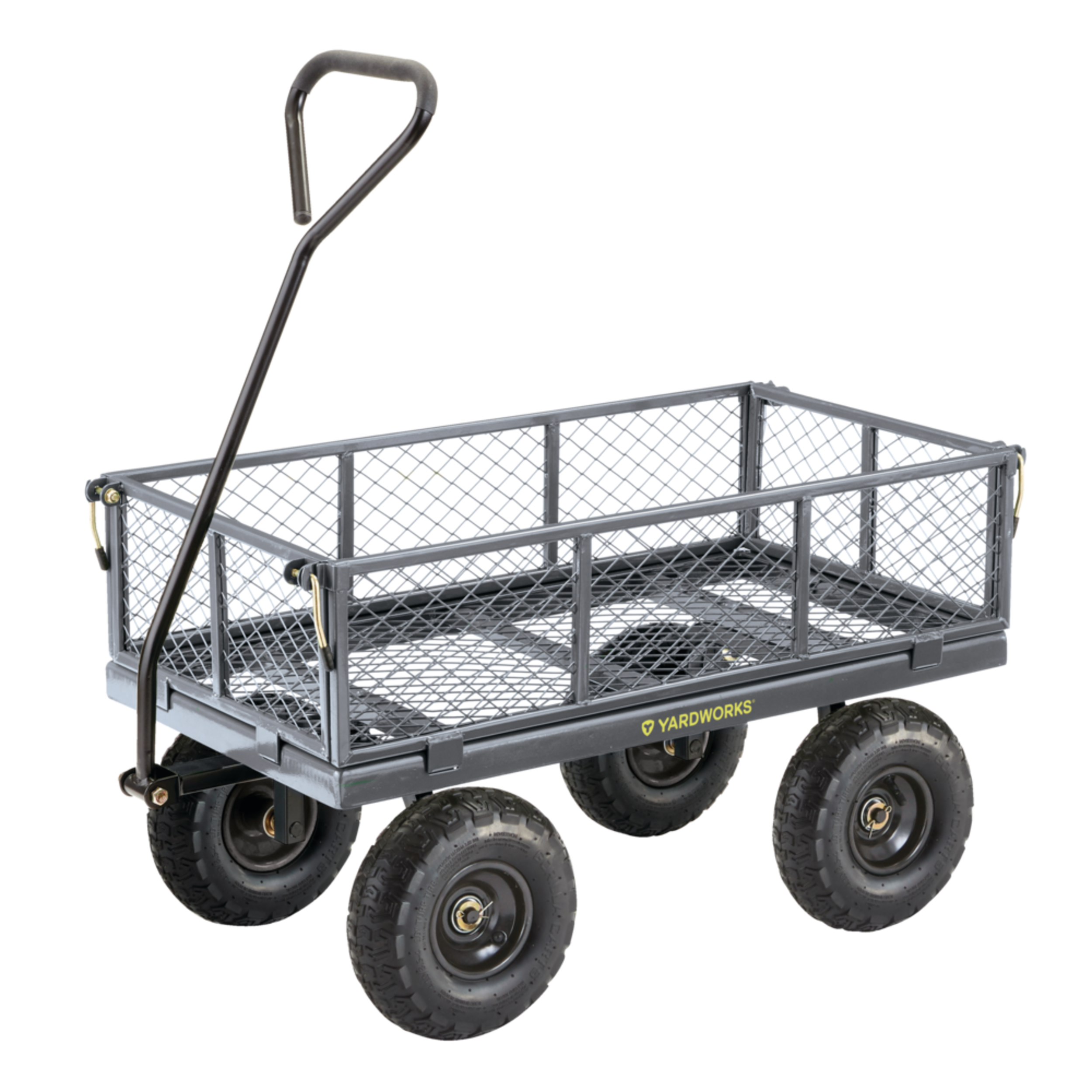 Yardworks Steel Tray 4-Wheel Removable-Sides Mesh Yard/Garden Cart 600 lb Front_Three_Fourths_Angled_Left