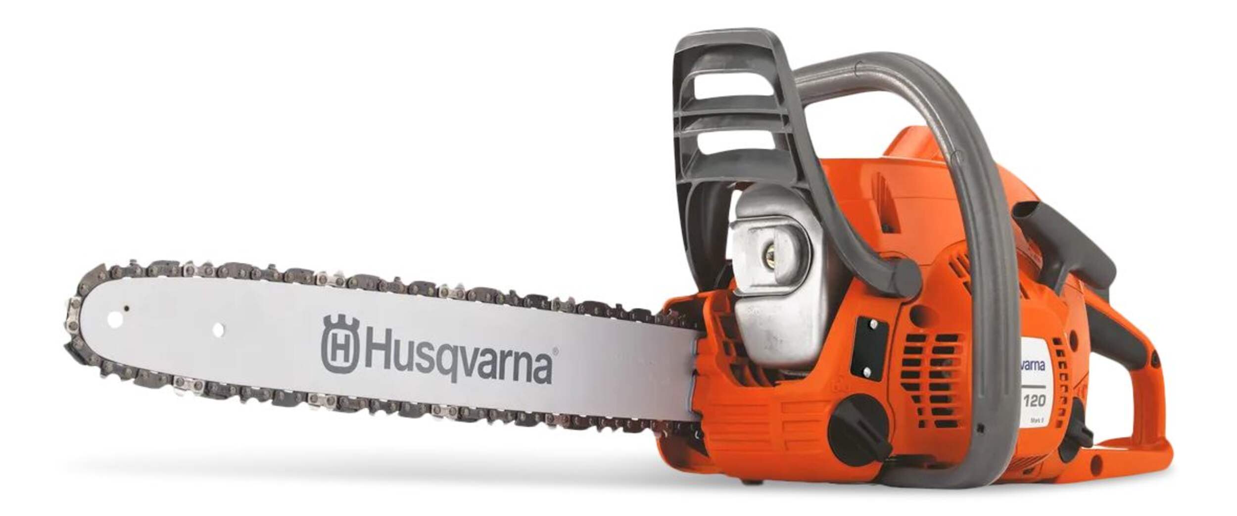 Husqvarna 120 Gas Chainsaw, 38cc 2-Cycle Engine,16-in, Orange/Grey Front_Three_Fourths_Angled_Left