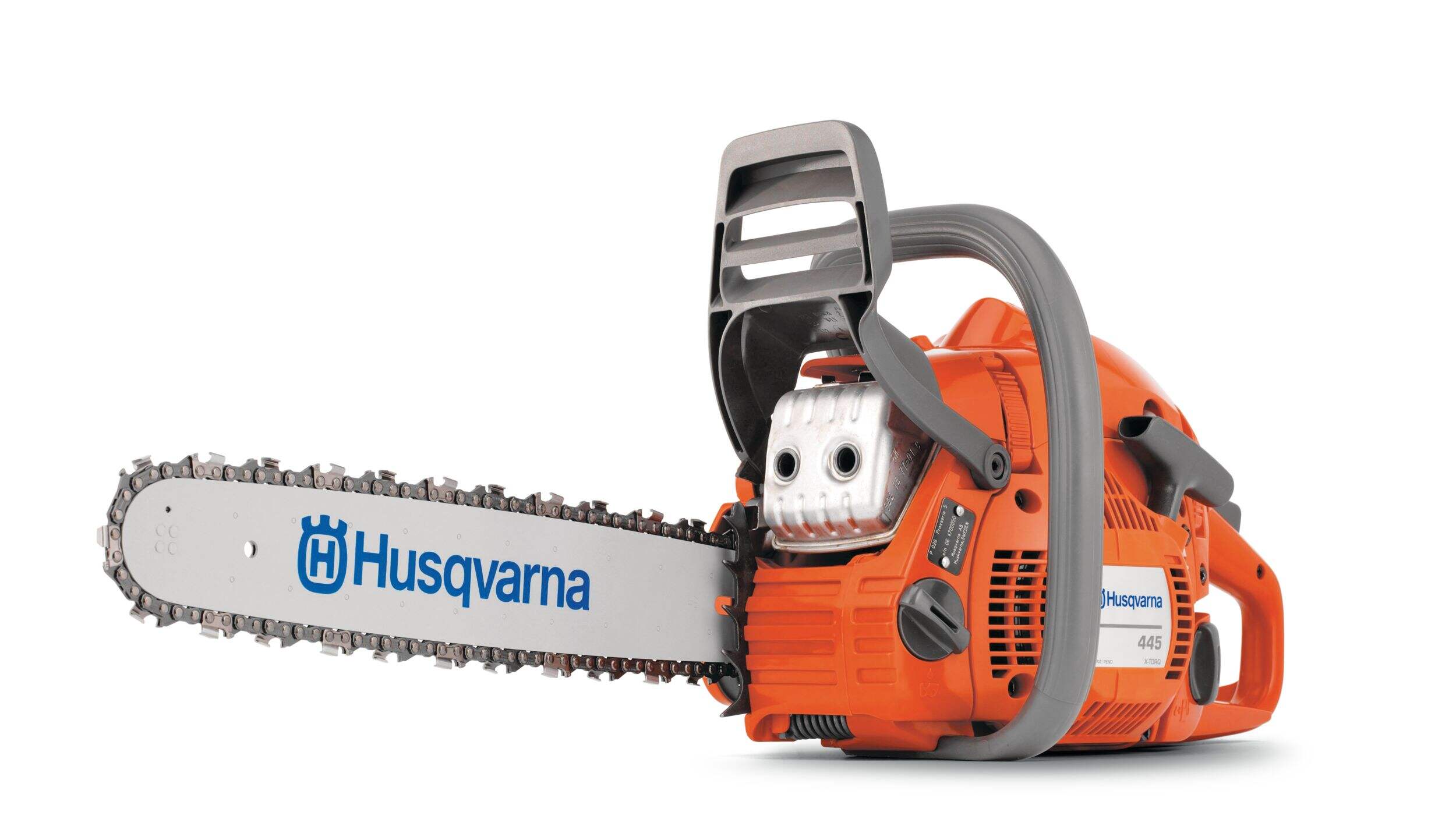 Husqvarna 445e Gas Chainsaw,  50.2cc 2-Cycle Engine, 18-in, Orange/Grey Front_Angled_Left