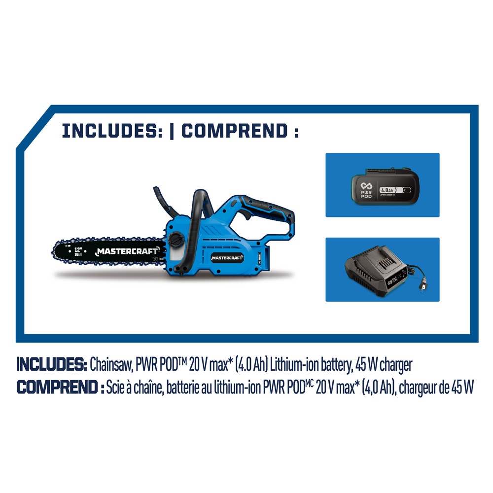 Mastercraft 20V Cordless Chainsaw, 12in w/ PWR POD 4.0 Ah Battery